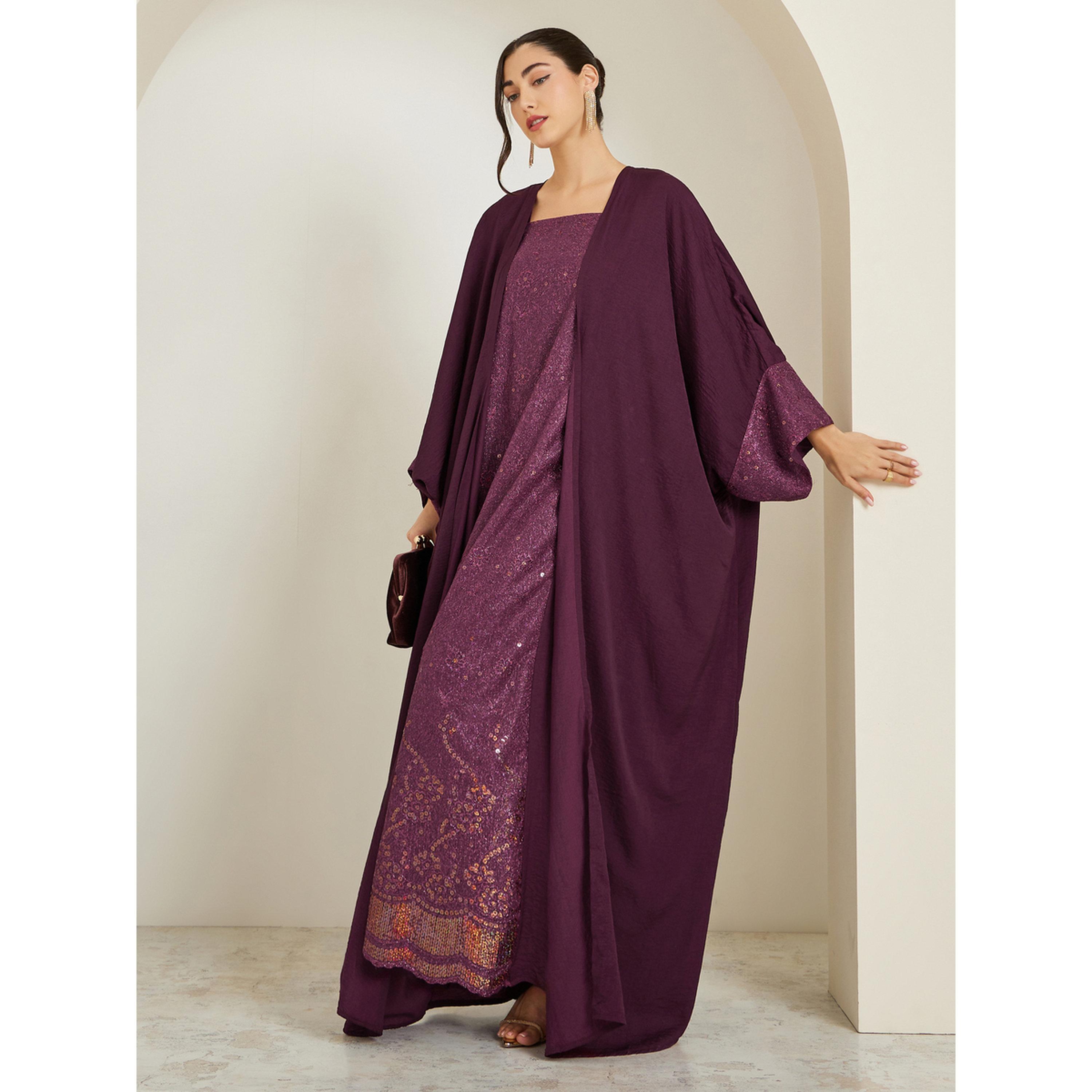 طقم عباية برغندي مزينة مع فستان داخلي-women-arabicclothing-sets-image-2
