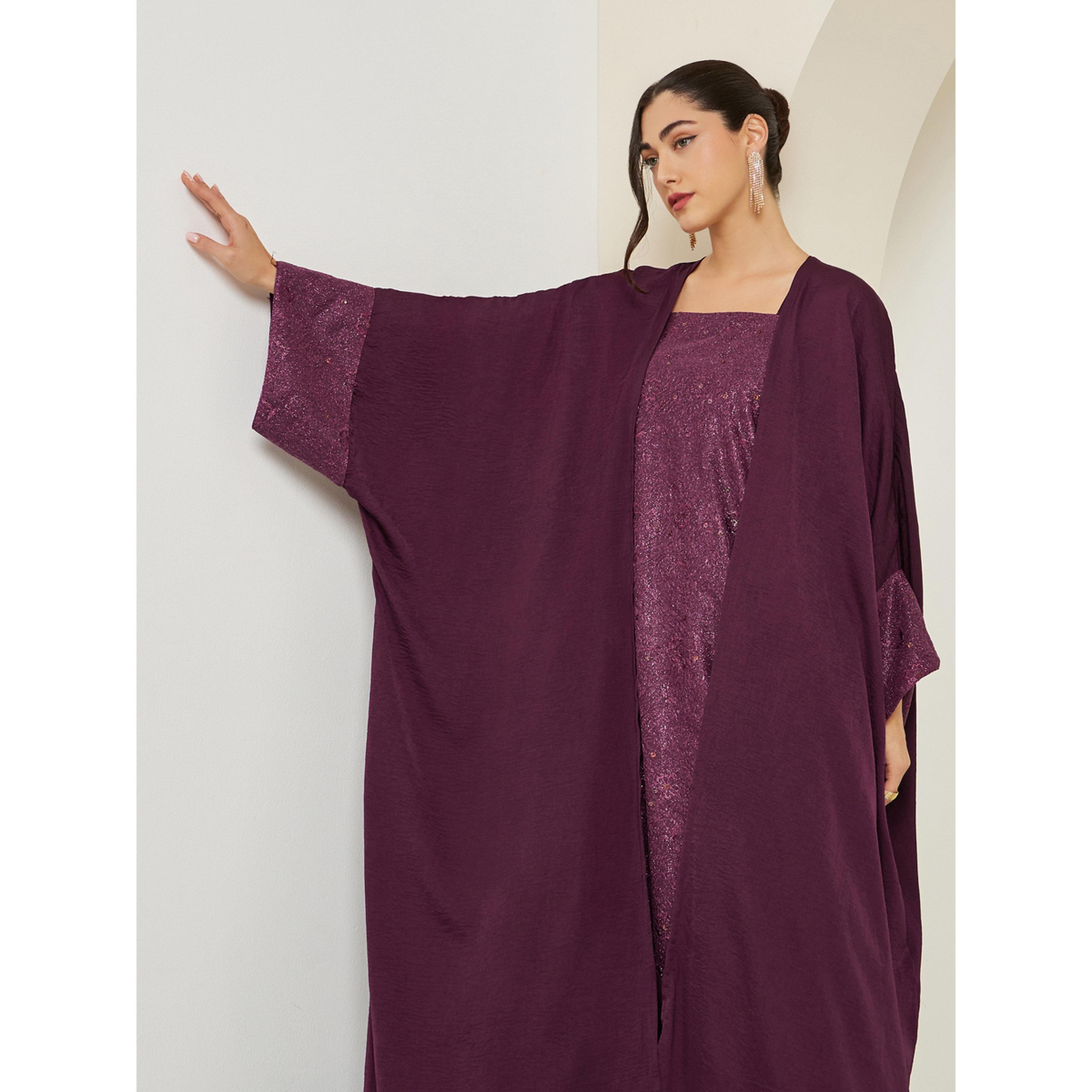 Styli Women Burgundy Embellished Abaya with Inner Dress Set-women-arabicclothing-sets-image-3