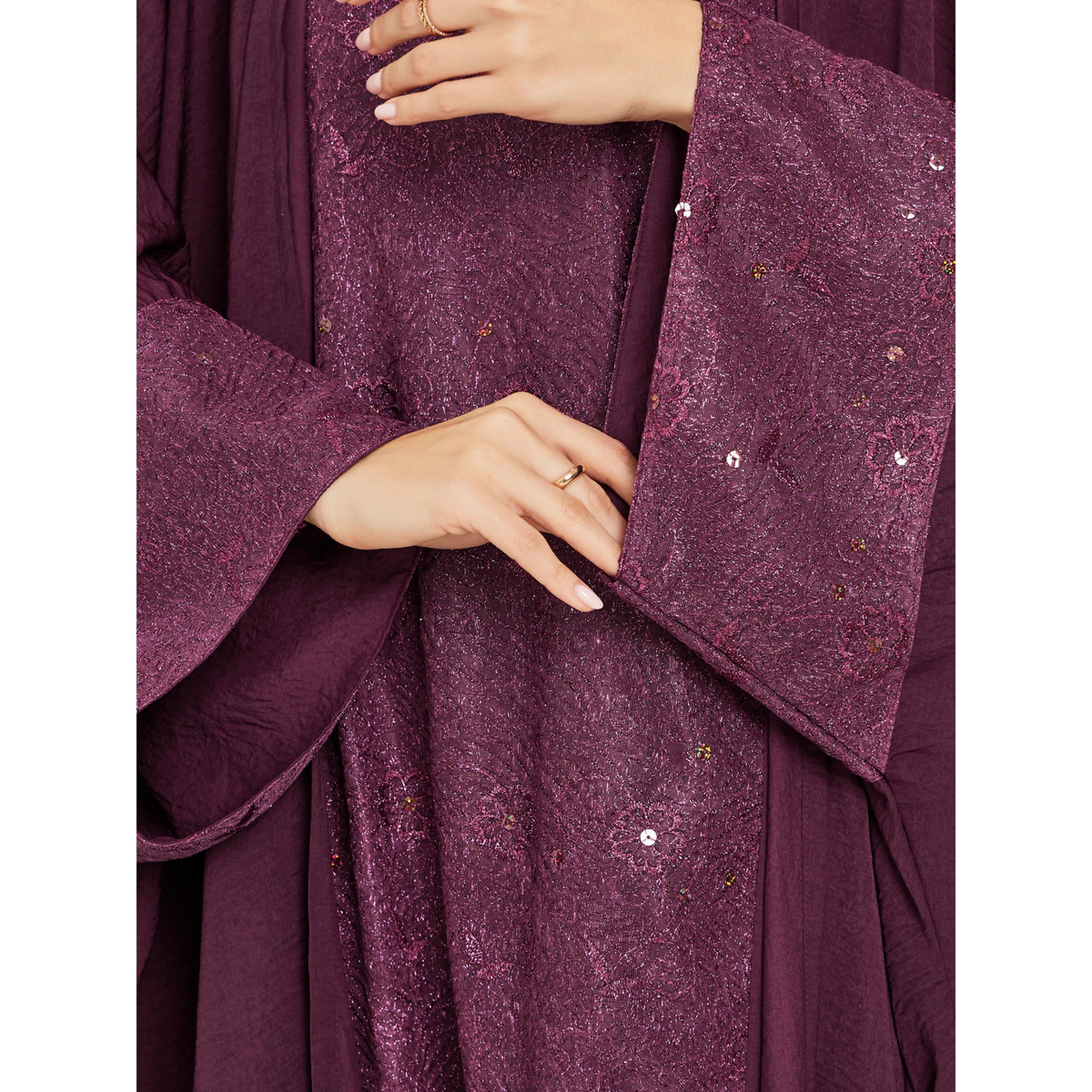 طقم عباية برغندي مزينة مع فستان داخلي-women-arabicclothing-sets-image-4