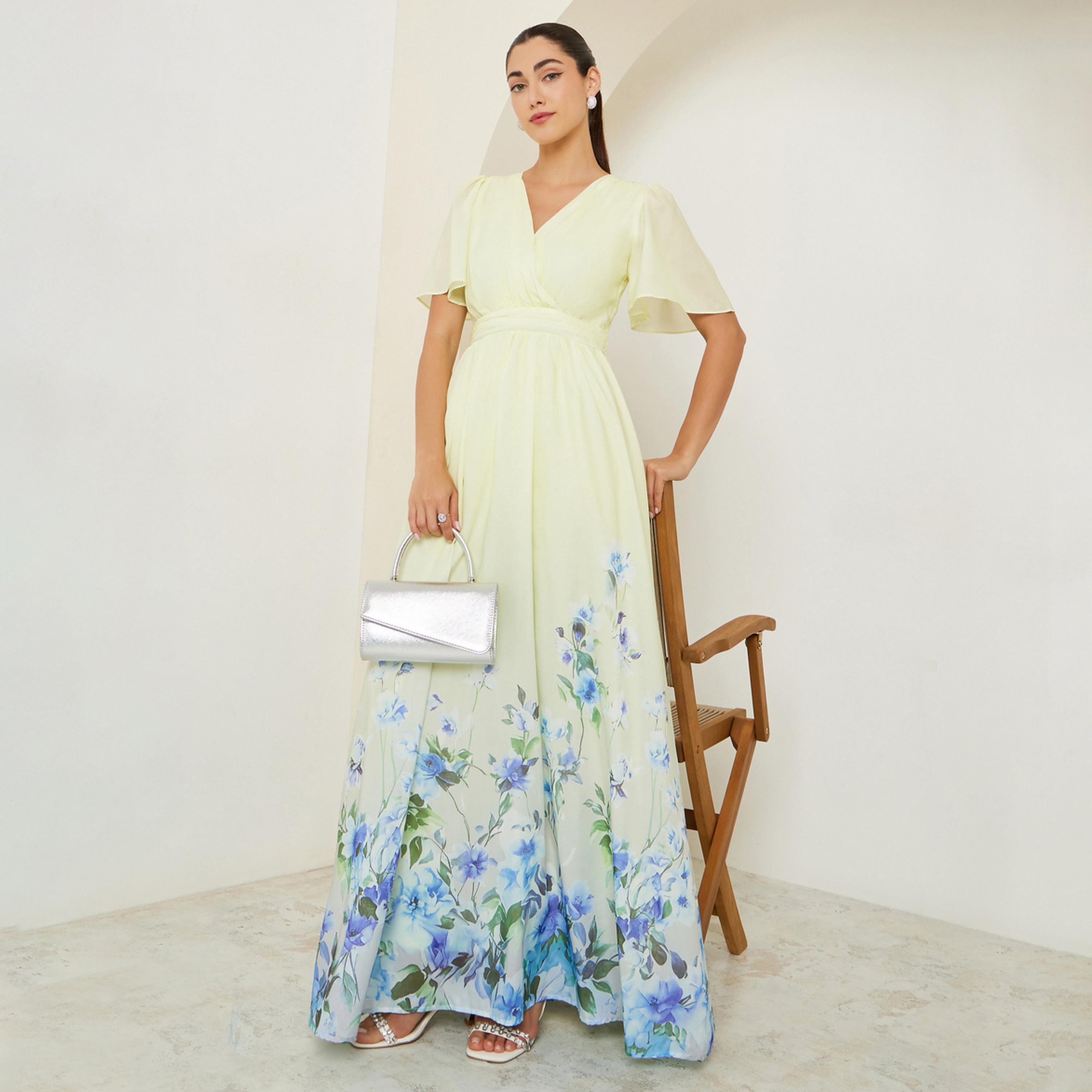 ستايلي - فستان ماكسي ملفوف مطبوع عليه زهور صفراء-women-clothing-dresses-image-1