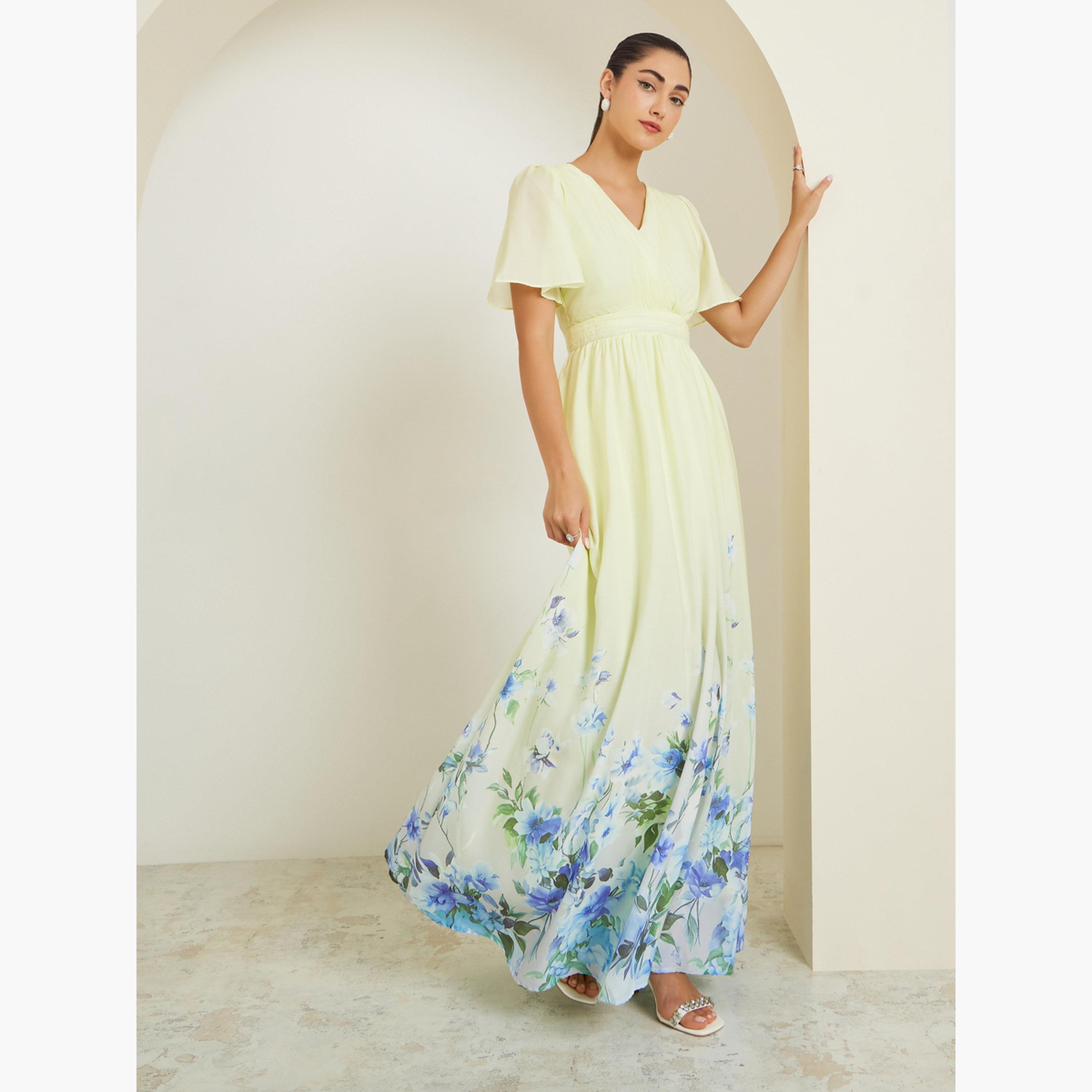 ستايلي - فستان ماكسي ملفوف مطبوع عليه زهور صفراء-women-clothing-dresses-image-2