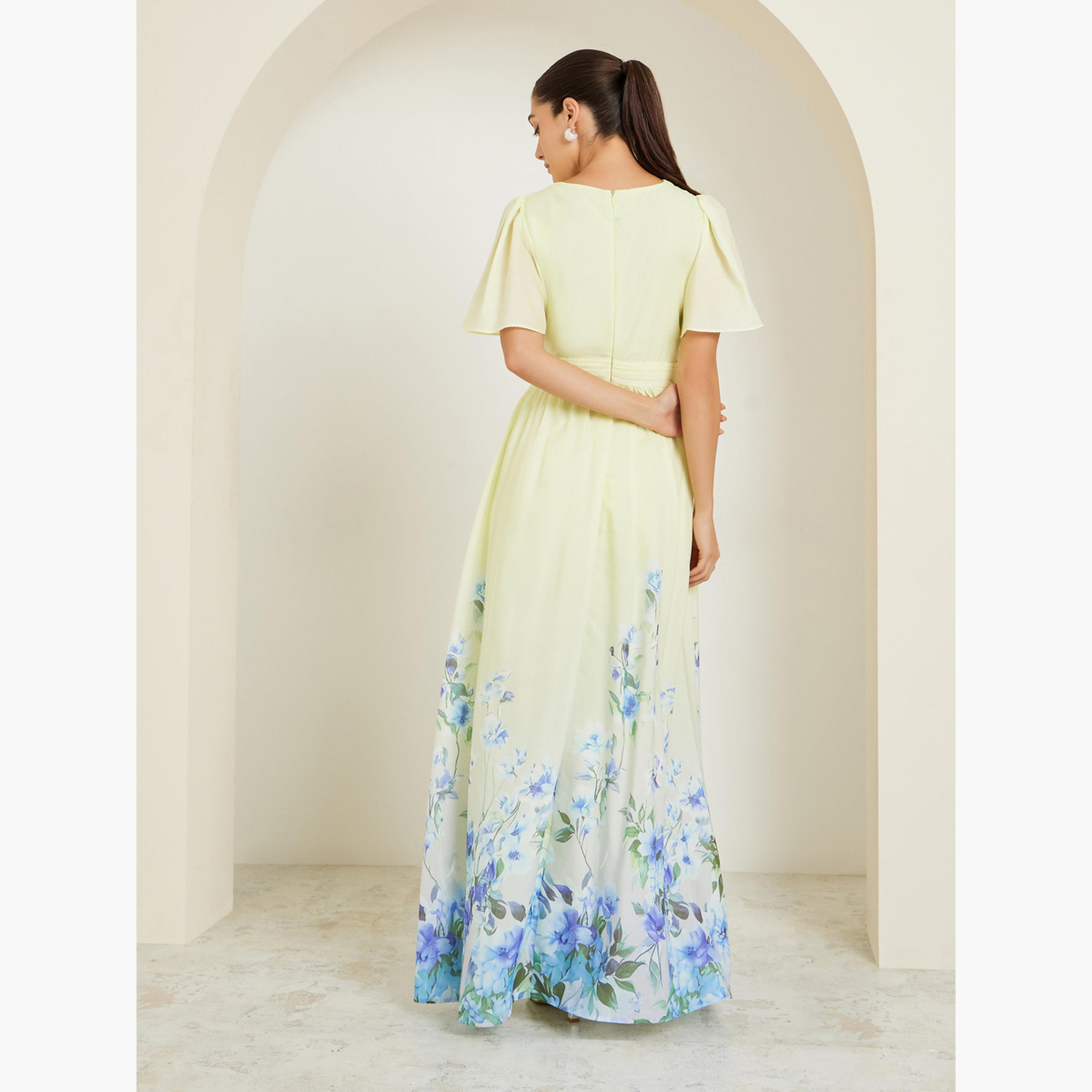 ستايلي - فستان ماكسي ملفوف مطبوع عليه زهور صفراء-women-clothing-dresses-image-3