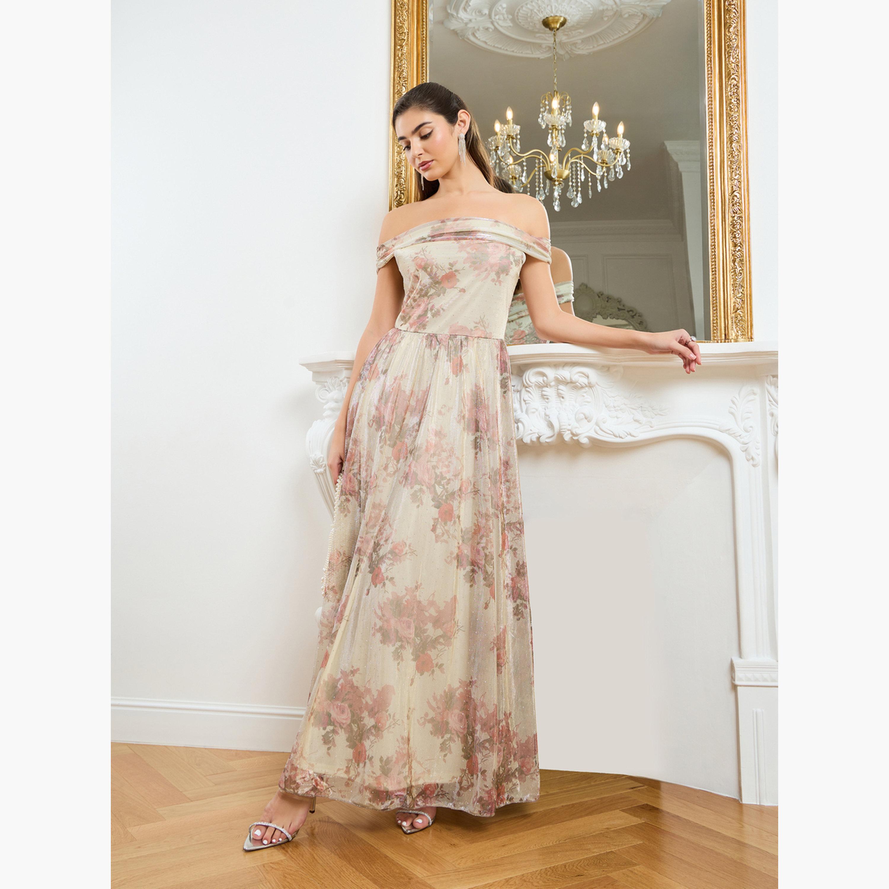 Styli Women Beige Ditsy Print Off Shoulder Maxi Dress-women-clothing-dresses-image-1