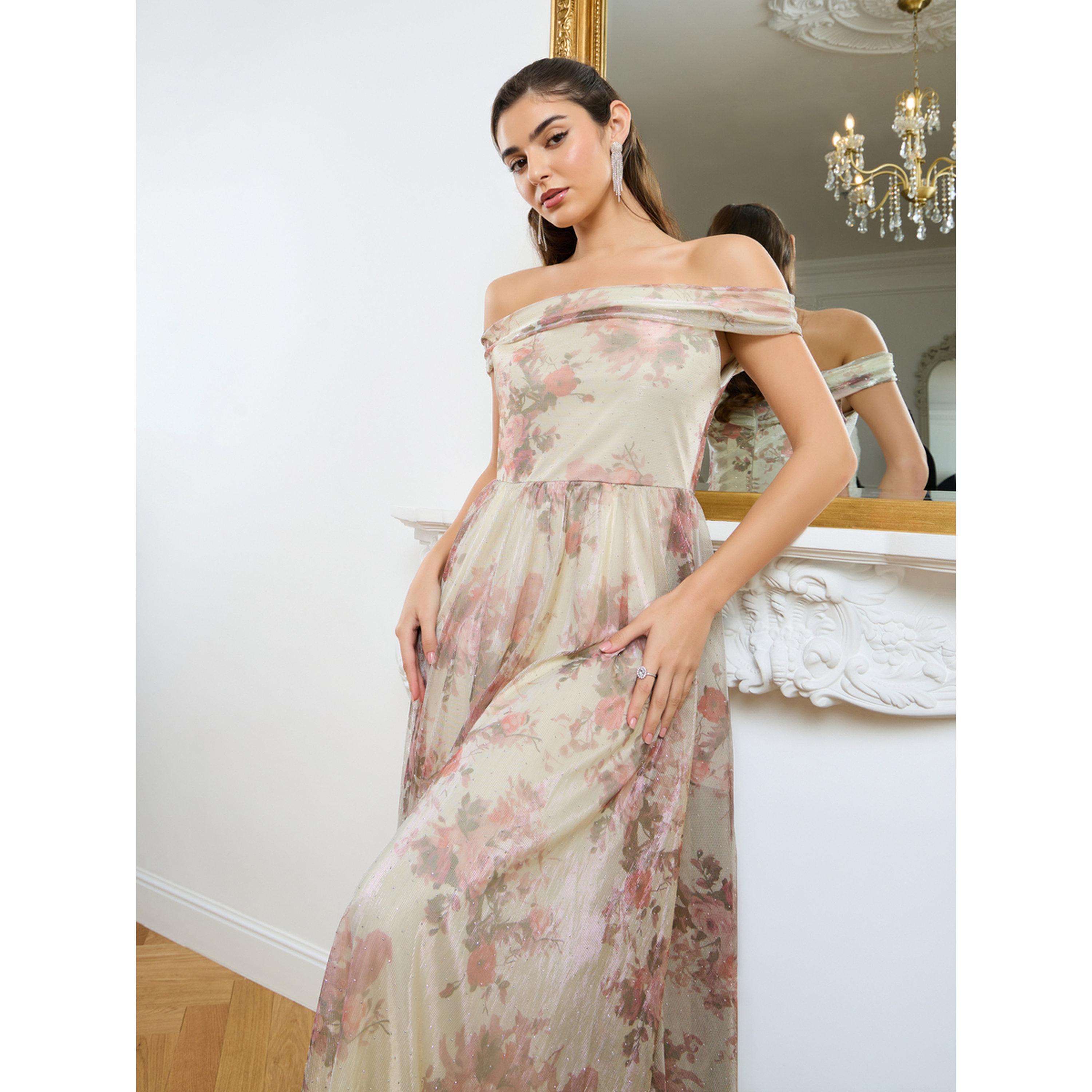 Styli Women Beige Ditsy Print Off Shoulder Maxi Dress-women-clothing-dresses-image-2
