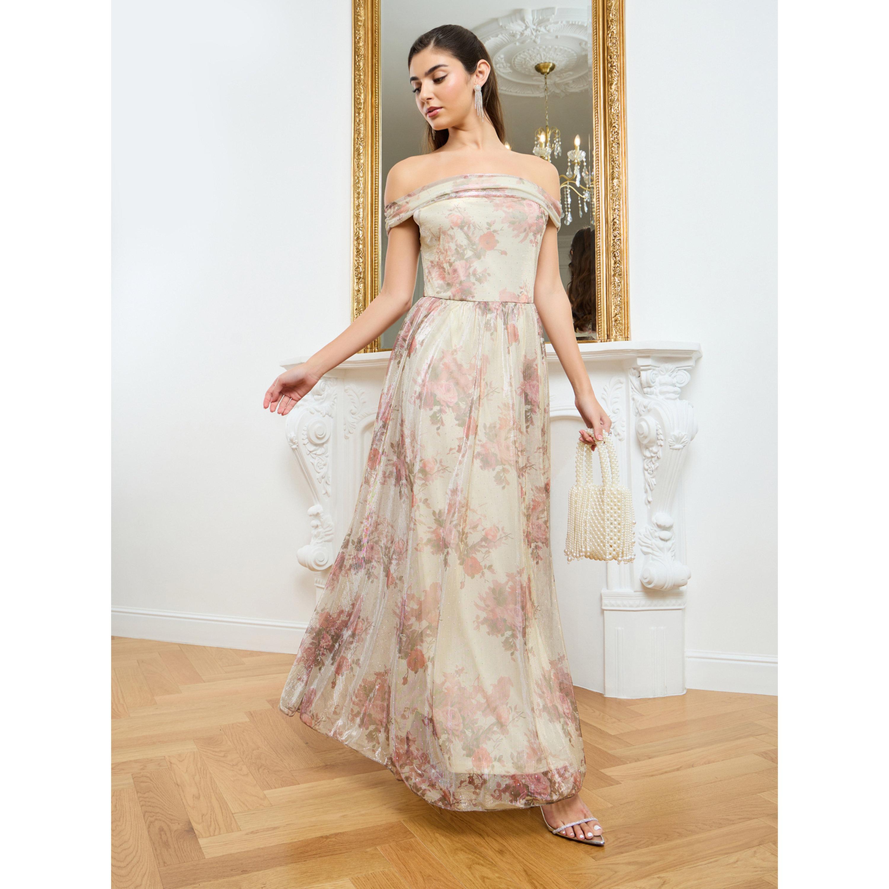 فستان طويل نسائي مكشوف الأكتاف بنقشة زهور صغيرة-women-clothing-dresses-image-3