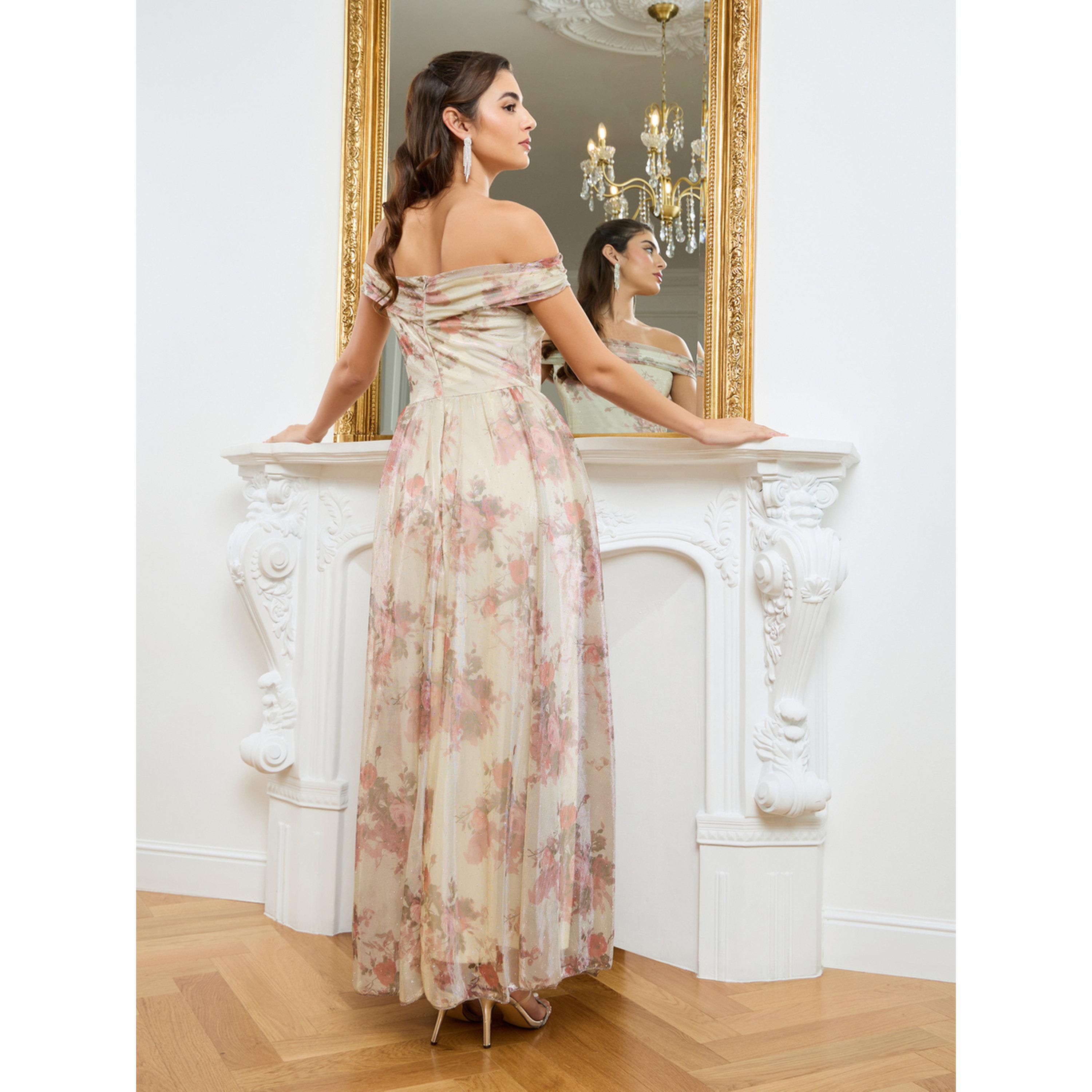 Styli Women Beige Ditsy Print Off Shoulder Maxi Dress-women-clothing-dresses-image-4