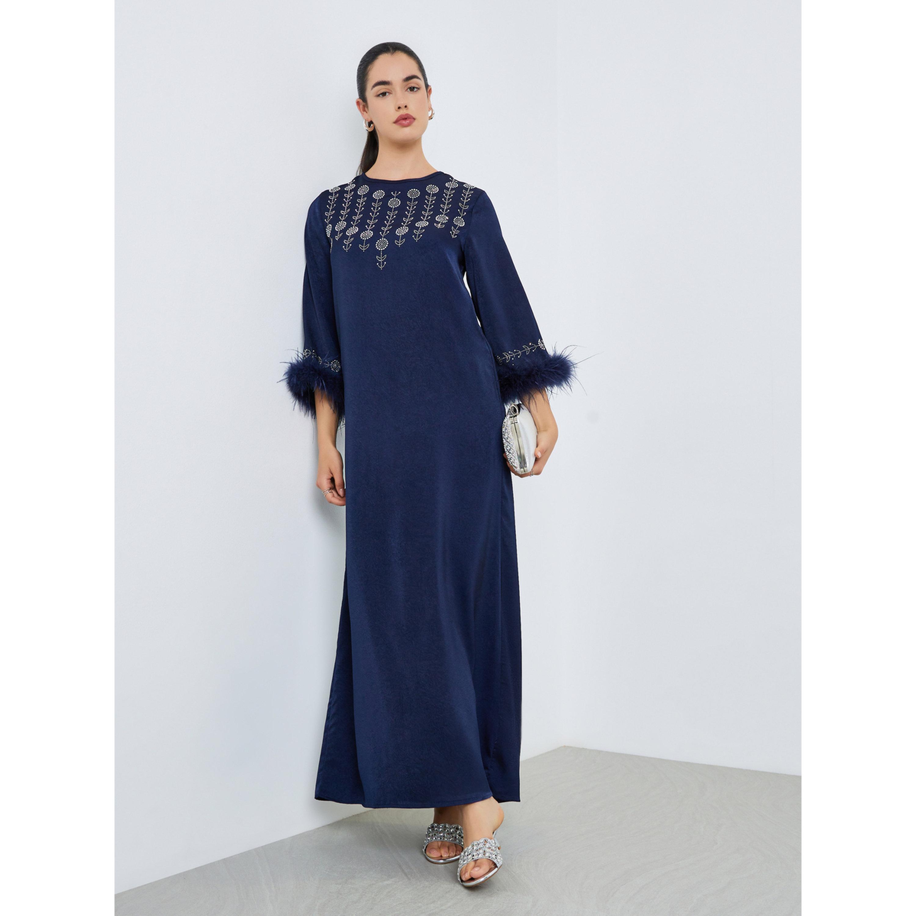 Styli Women Embellished Jalabiya with Faux Feather Trim-women-arabicclothing-jalabiyas-image-1