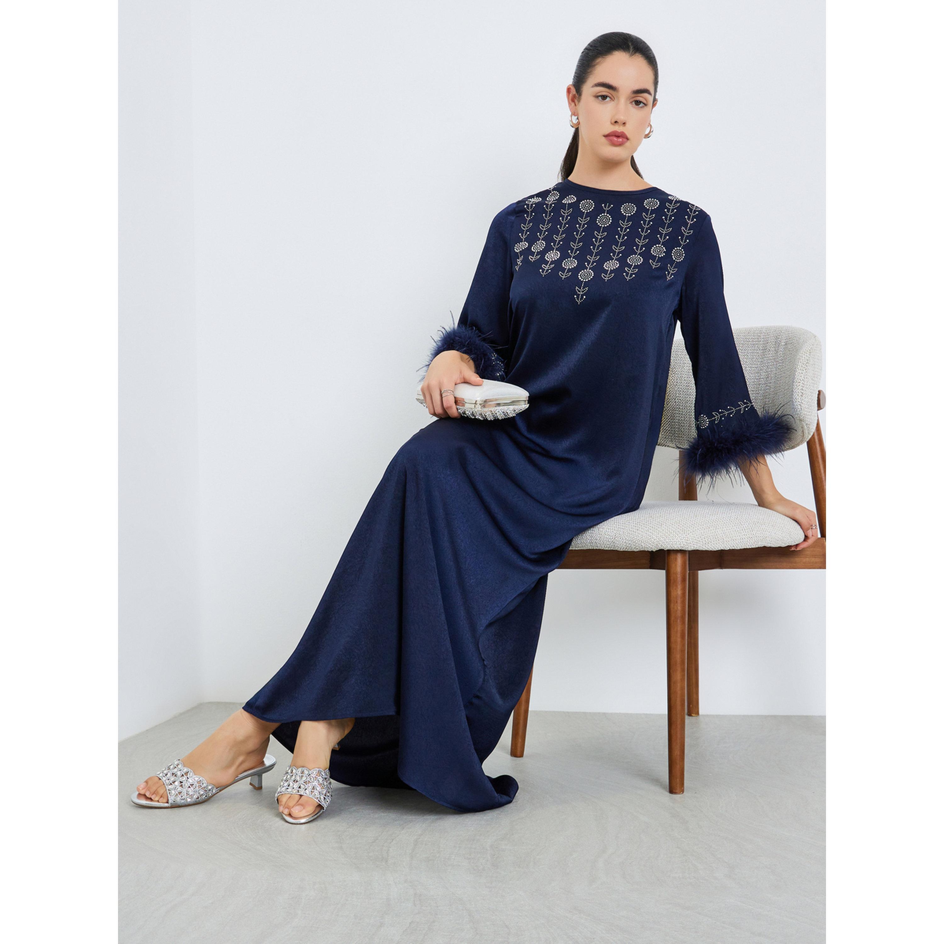 جلابية مزينة بحافة ريش صناعي-women-arabicclothing-jalabiyas-image-2