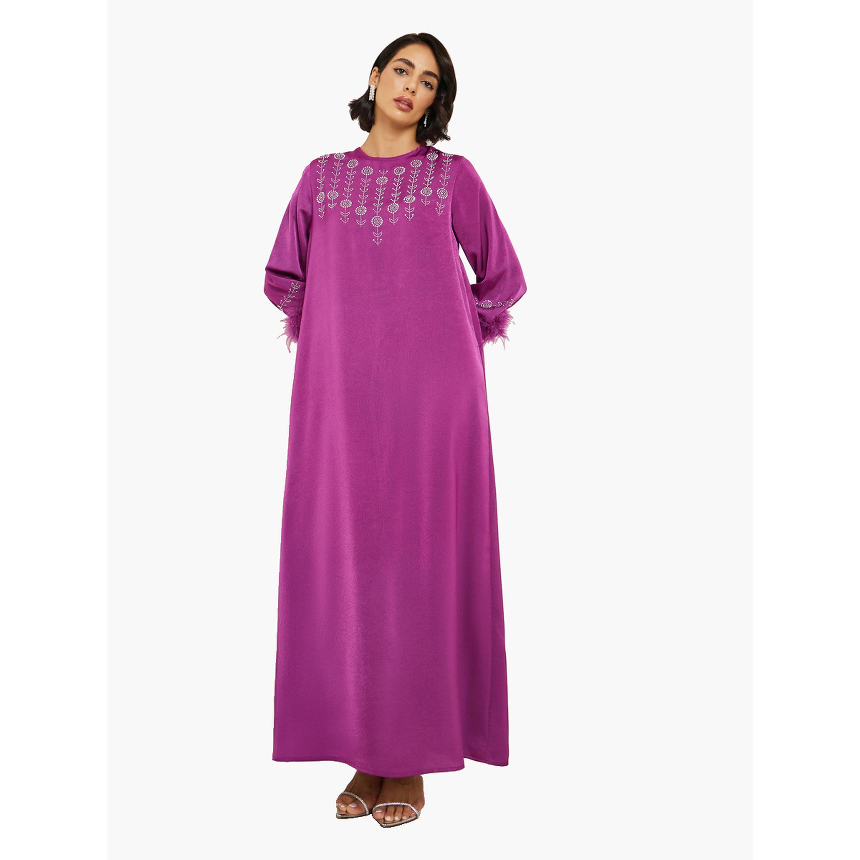 جلابية مزينة بحافة ريش صناعي-women-arabicclothing-jalabiyas-image-1