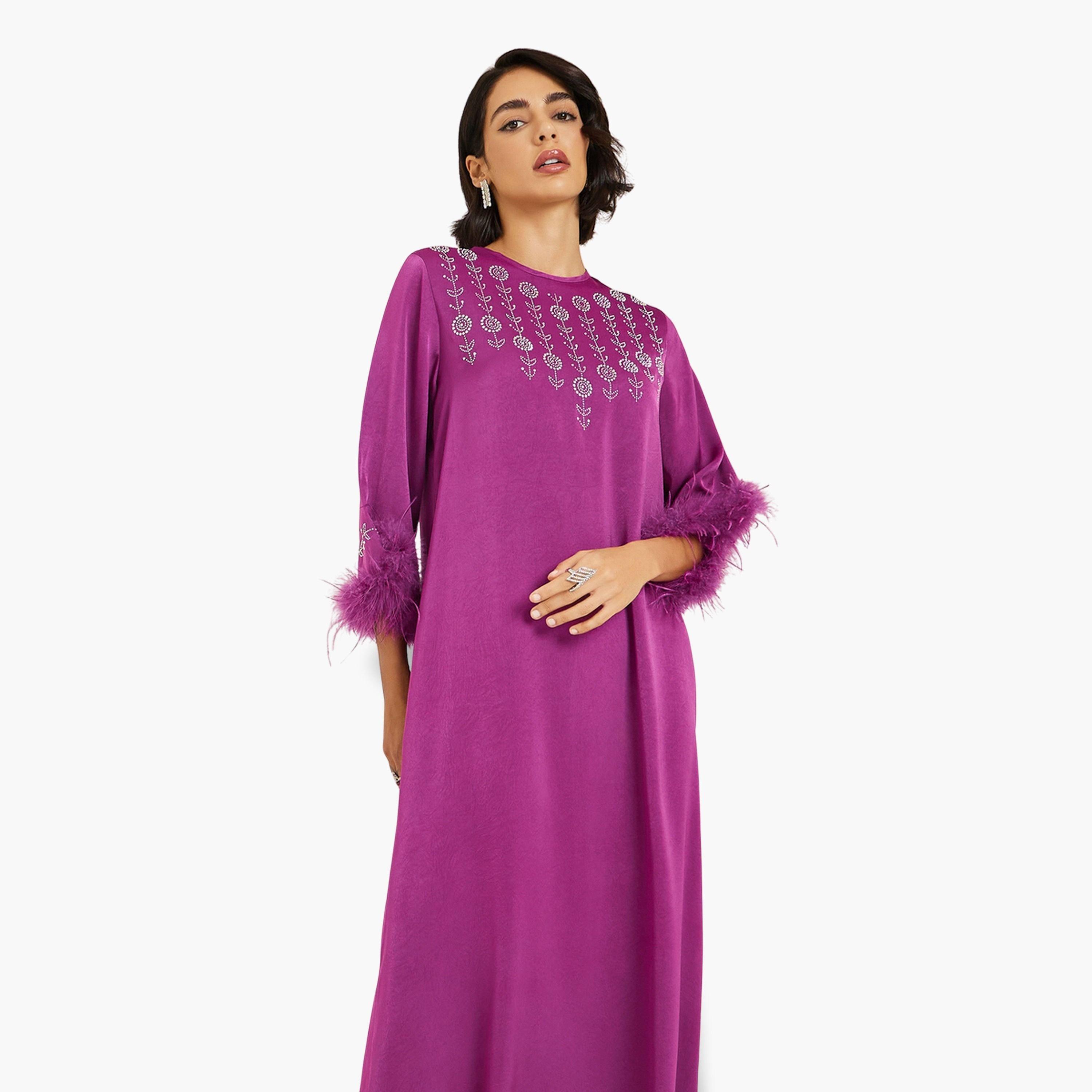 جلابية مزينة بحافة ريش صناعي-women-arabicclothing-jalabiyas-image-2