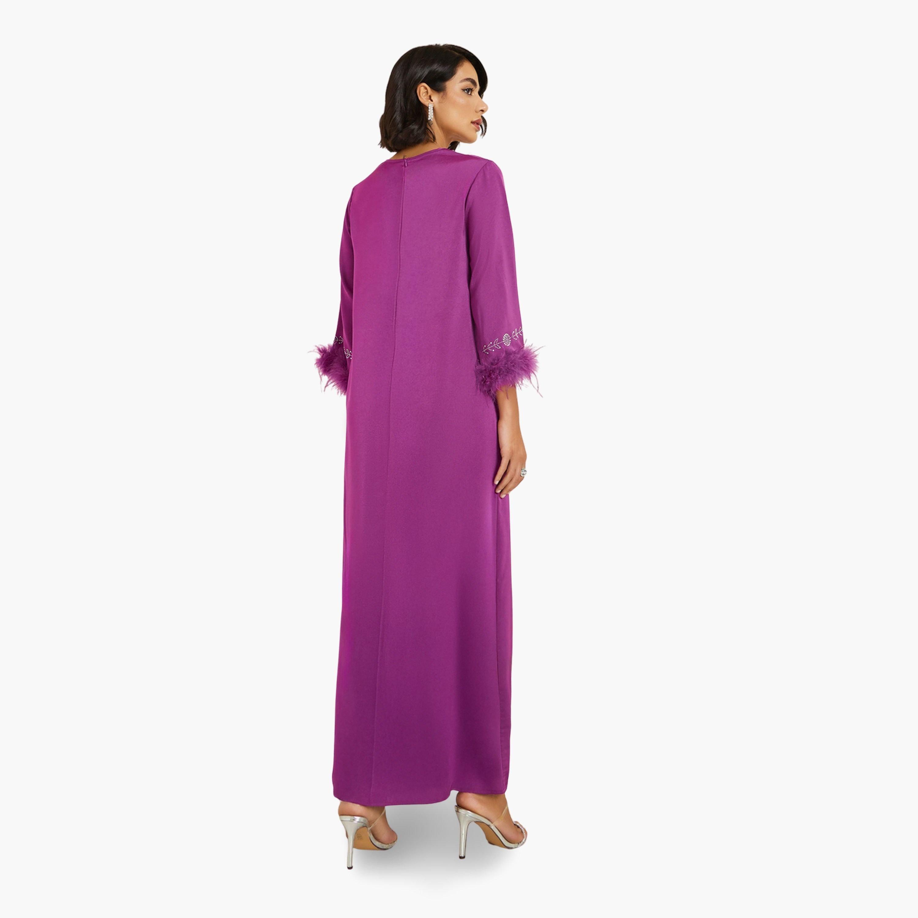 جلابية مزينة بحافة ريش صناعي-women-arabicclothing-jalabiyas-image-5