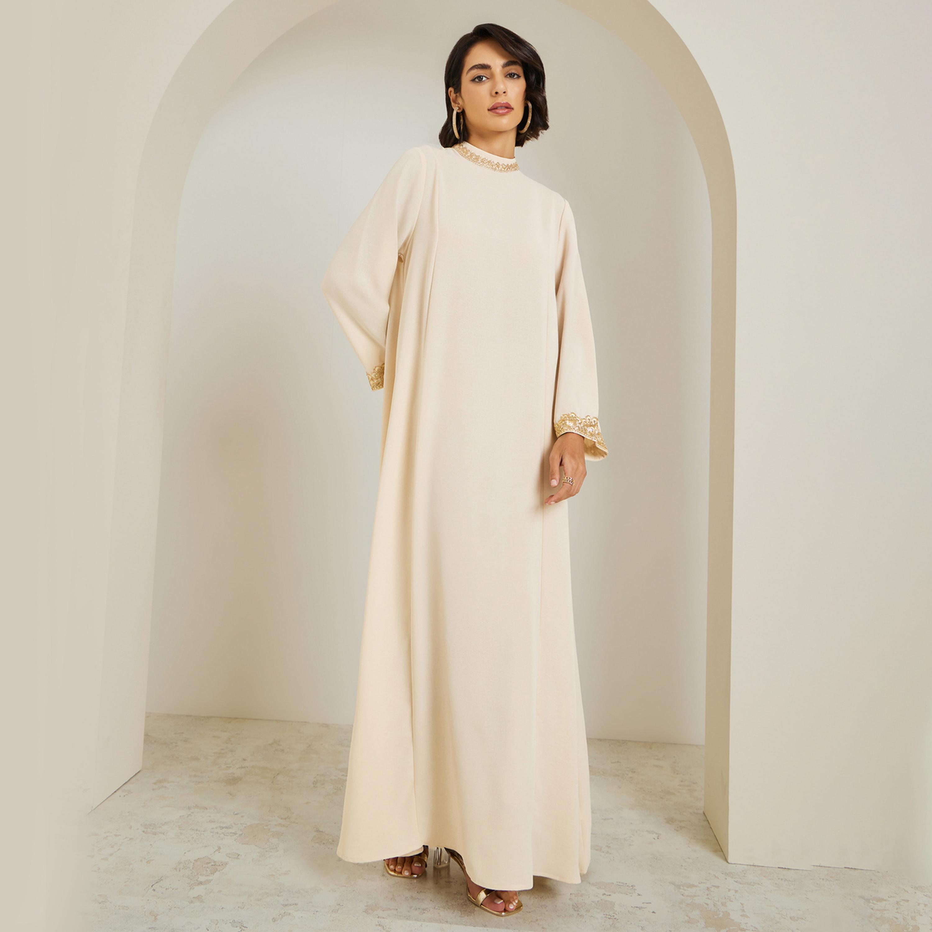 Styli Women Lace Trim Flared Sleeve Jalabiya-women-arabicclothing-jalabiyas-image-1