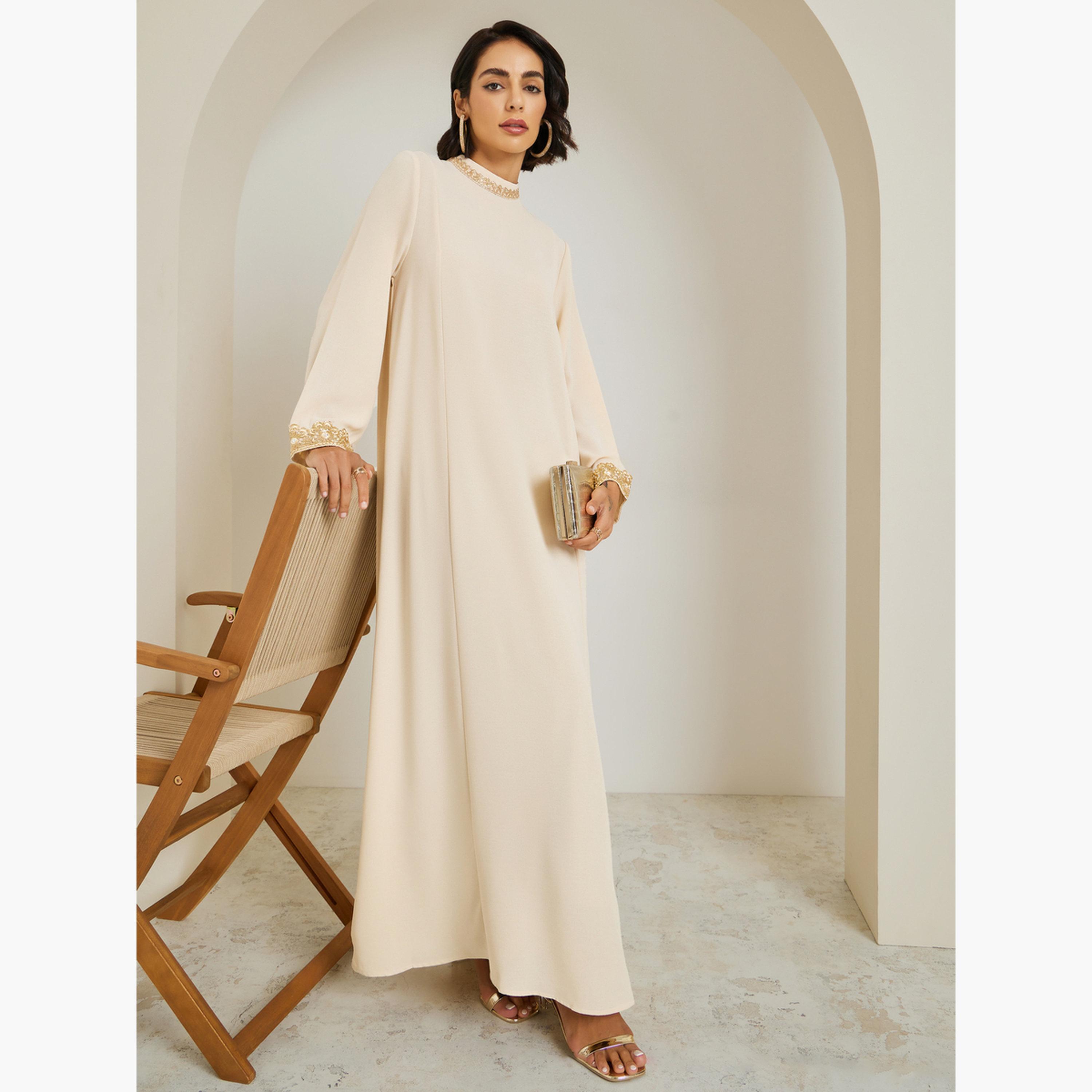 Styli Women Lace Trim Flared Sleeve Jalabiya-women-arabicclothing-jalabiyas-image-3
