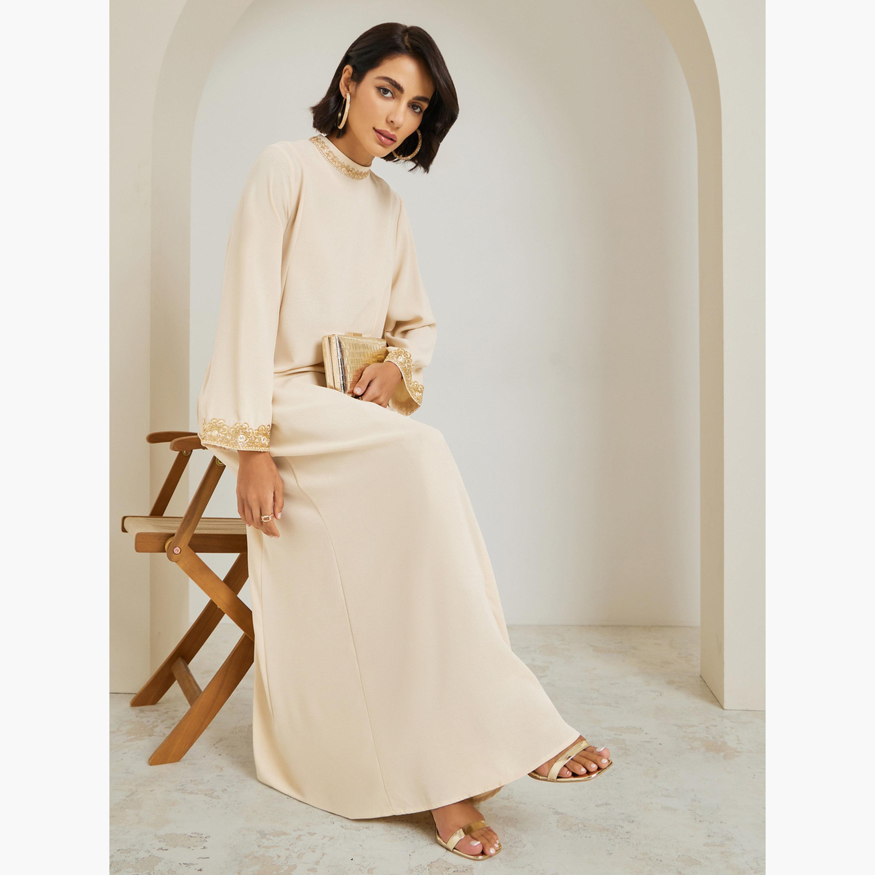 Styli Women Lace Trim Flared Sleeve Jalabiya-women-arabicclothing-jalabiyas-image-4