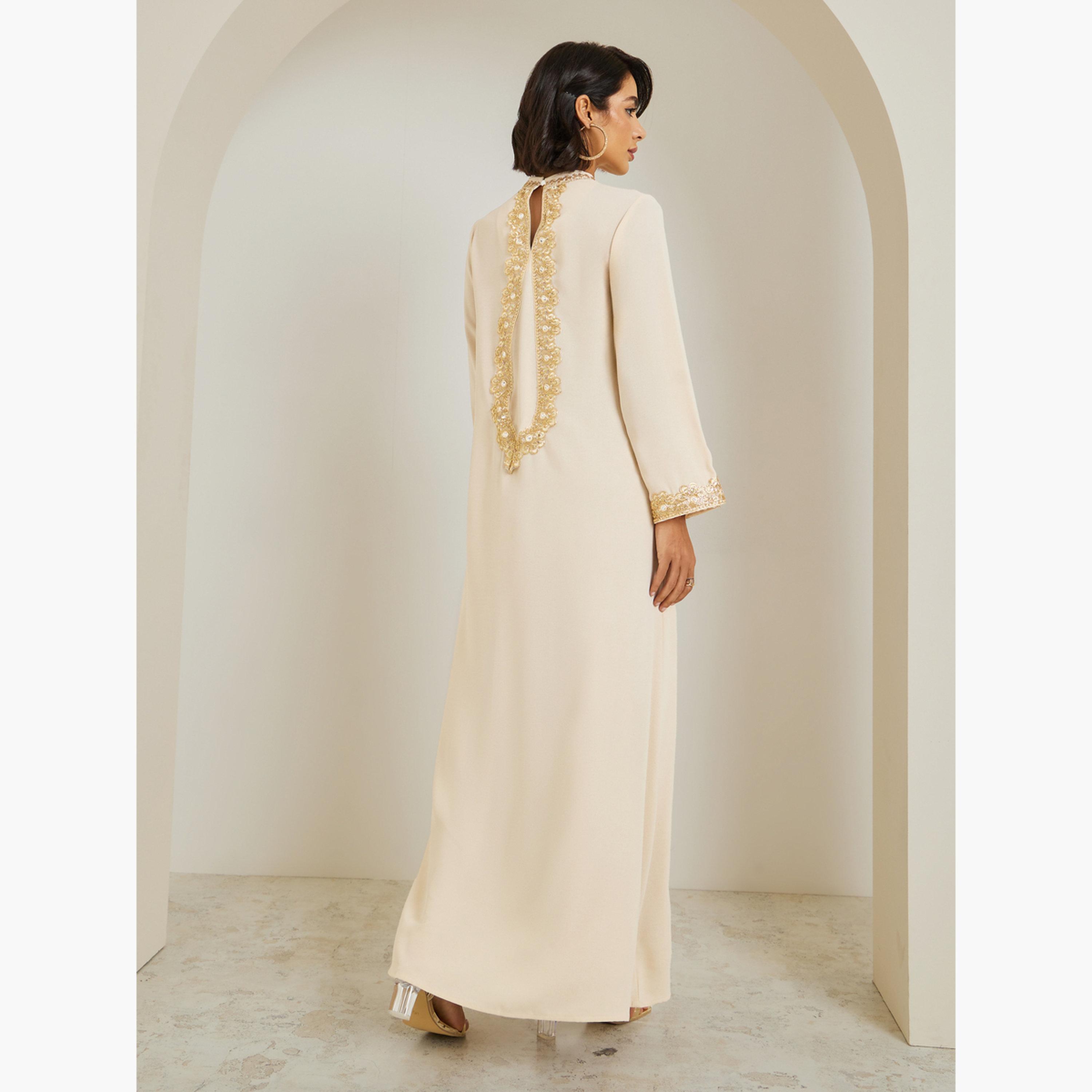 Styli Women Lace Trim Flared Sleeve Jalabiya-women-arabicclothing-jalabiyas-image-6