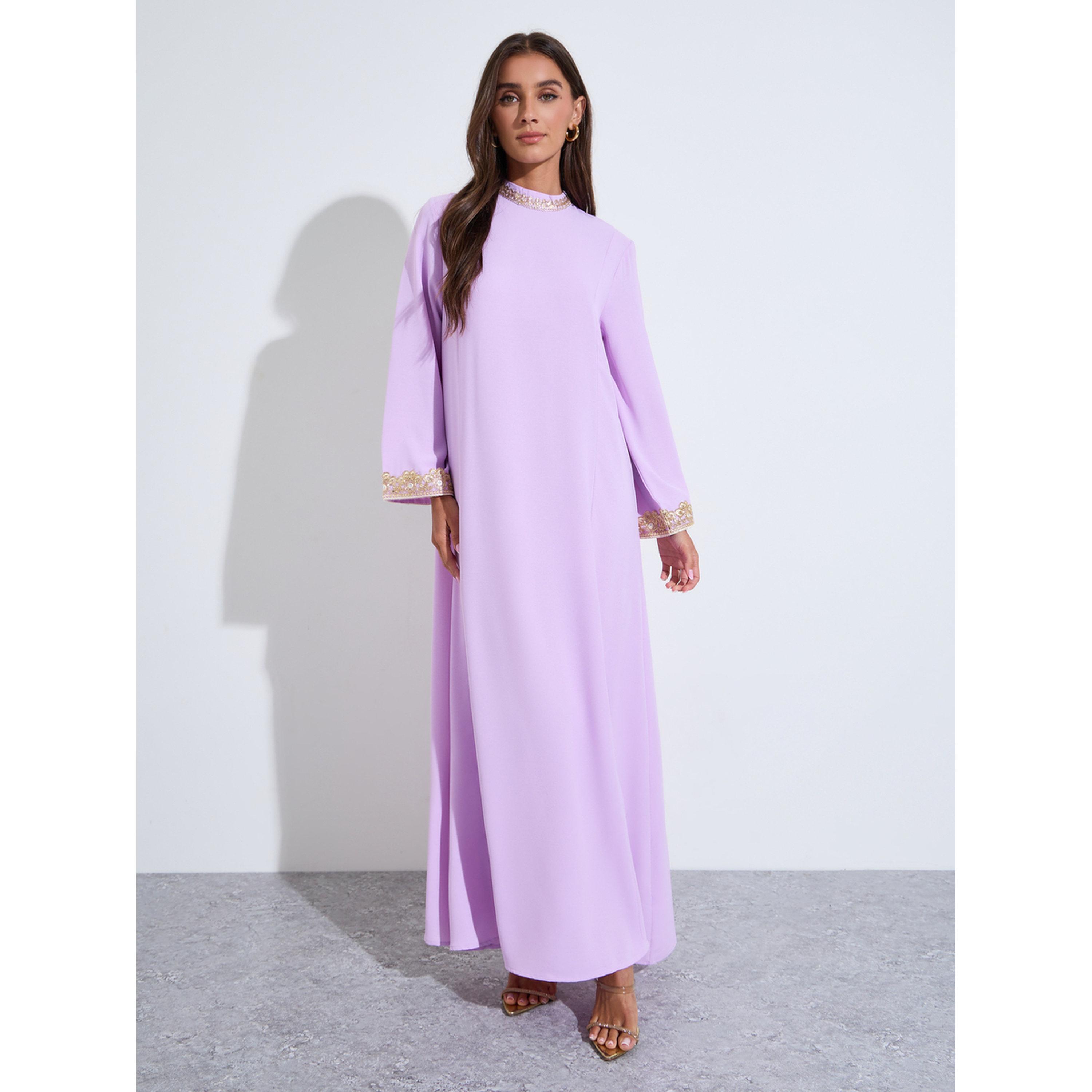 Amirah X Styli Lilac Long Sleeves Maxi Jalabiya with Gold Embroidery-women-arabicclothing-jalabiyas-image-1
