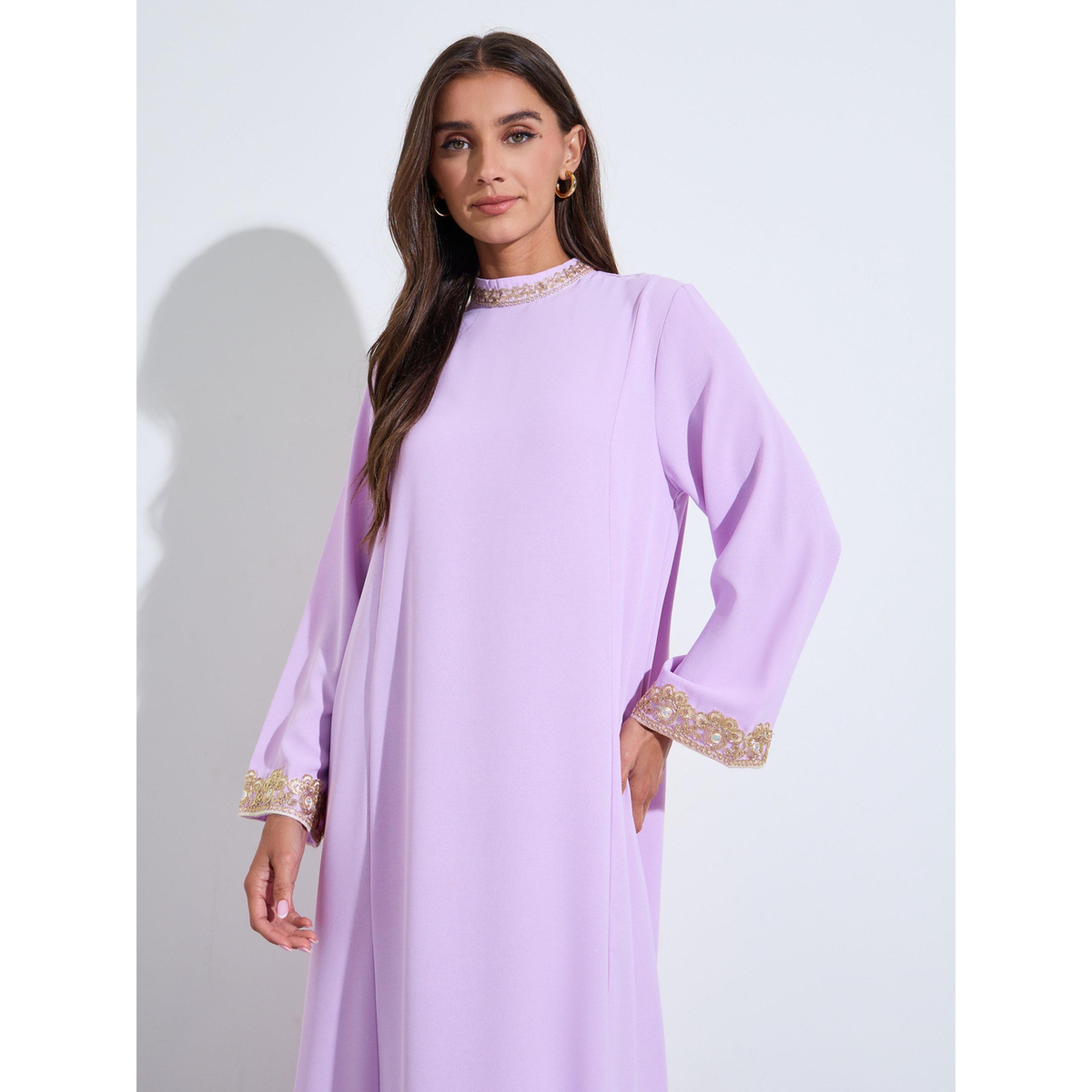 Amirah X Styli Lilac Long Sleeves Maxi Jalabiya with Gold Embroidery-women-arabicclothing-jalabiyas-image-2