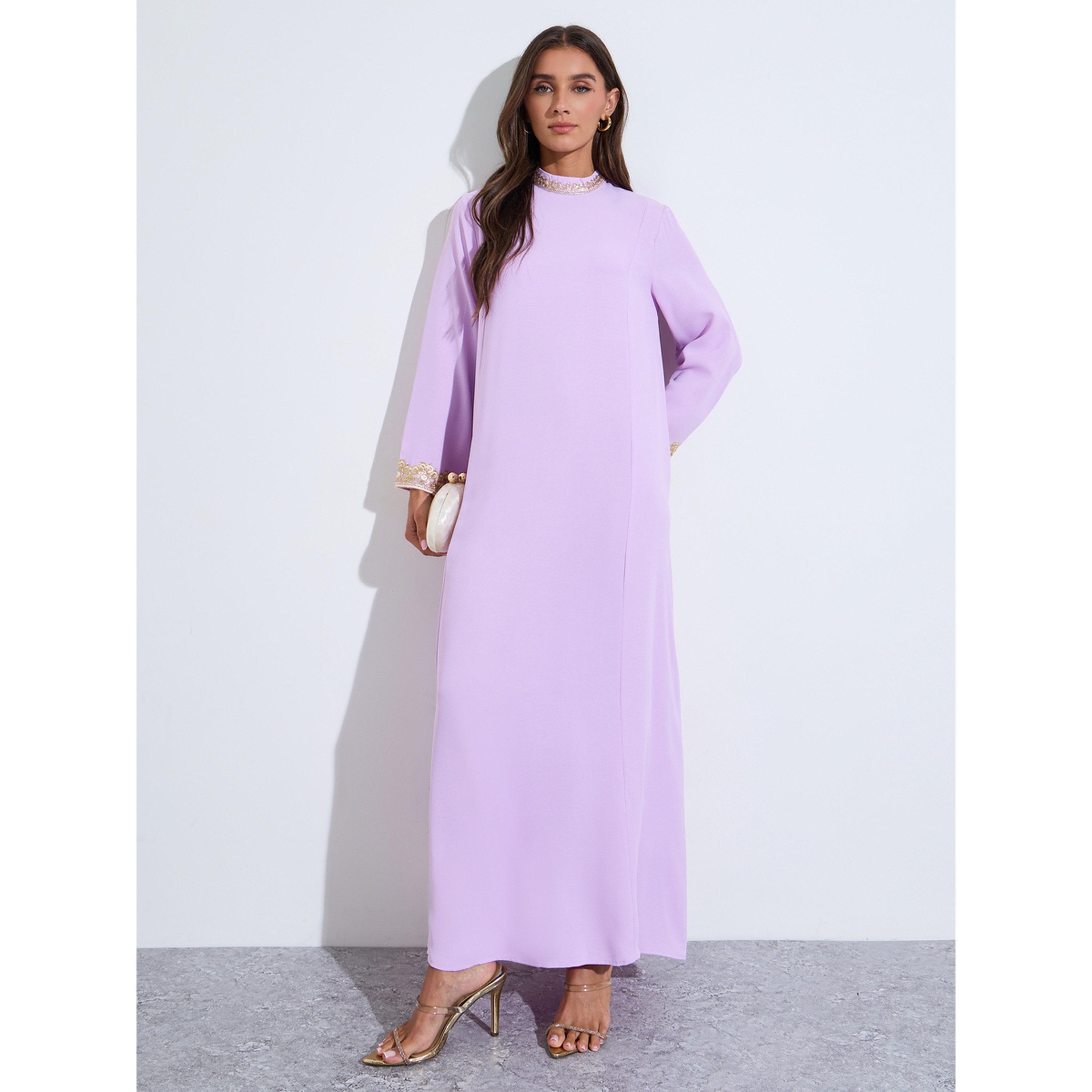 Amirah X Styli Lilac Long Sleeves Maxi Jalabiya with Gold Embroidery-women-arabicclothing-jalabiyas-image-3