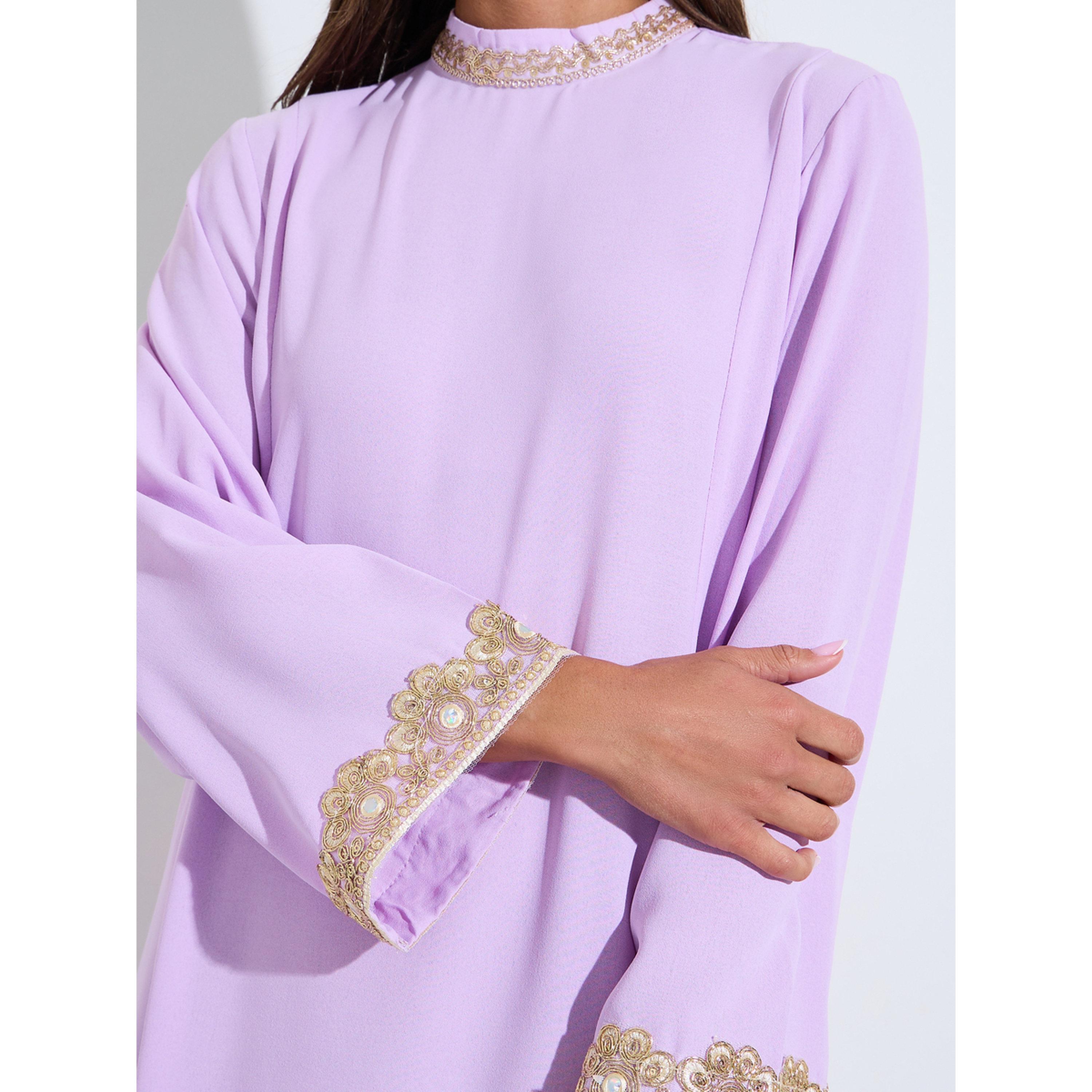 Amirah X Styli Lilac Long Sleeves Maxi Jalabiya with Gold Embroidery-women-arabicclothing-jalabiyas-image-4