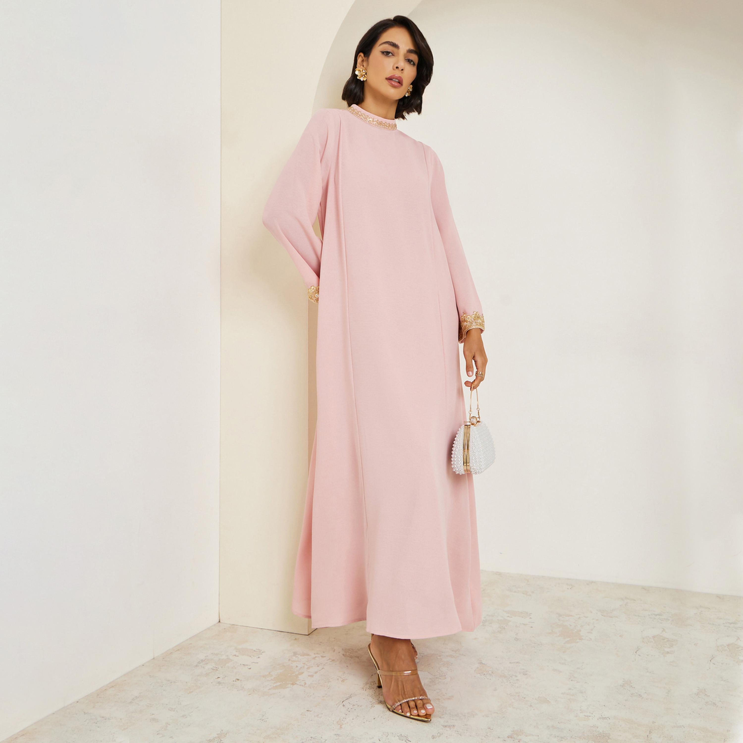 Styli Women Lace Trim Flared Sleeve Jalabiya-women-arabicclothing-jalabiyas-image-1