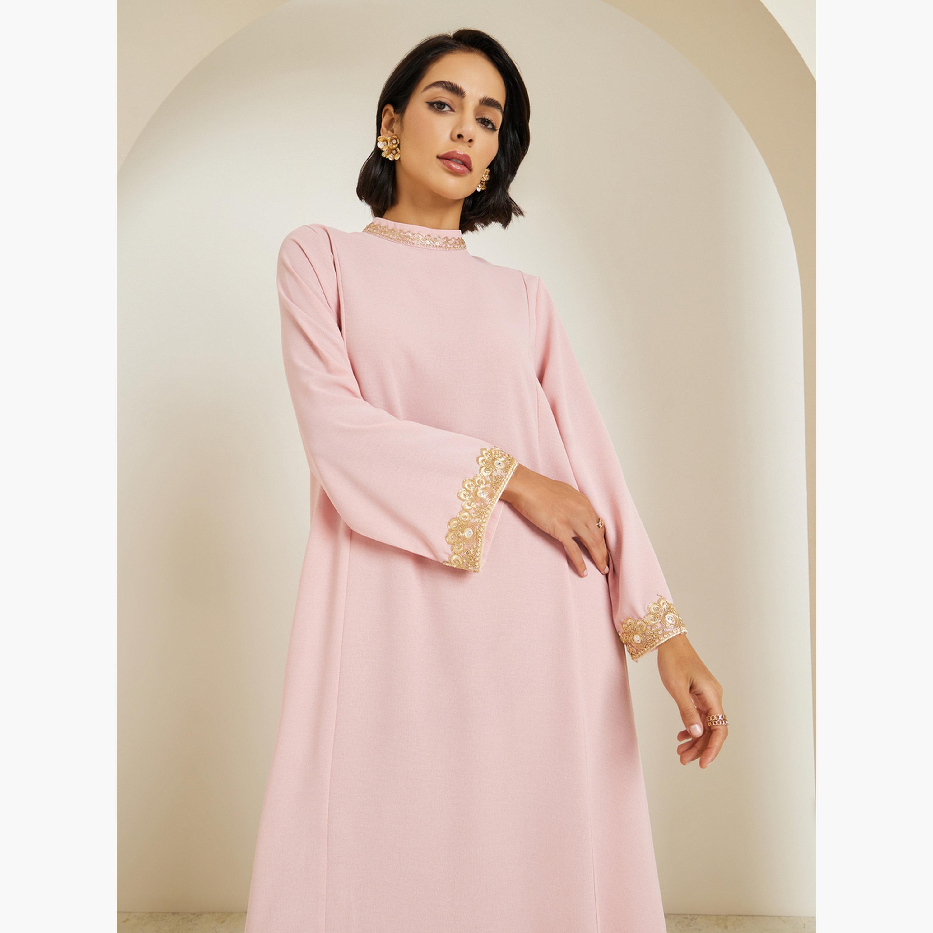 Styli Women Lace Trim Flared Sleeve Jalabiya-women-arabicclothing-jalabiyas-image-2
