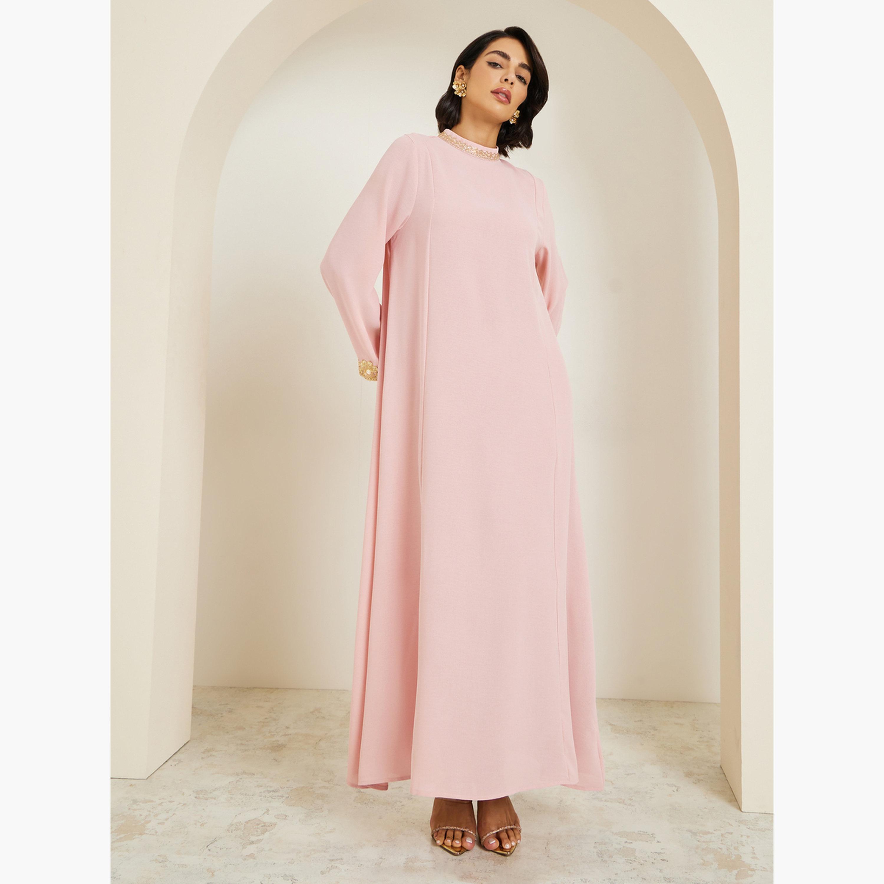 Styli Women Lace Trim Flared Sleeve Jalabiya-women-arabicclothing-jalabiyas-image-3