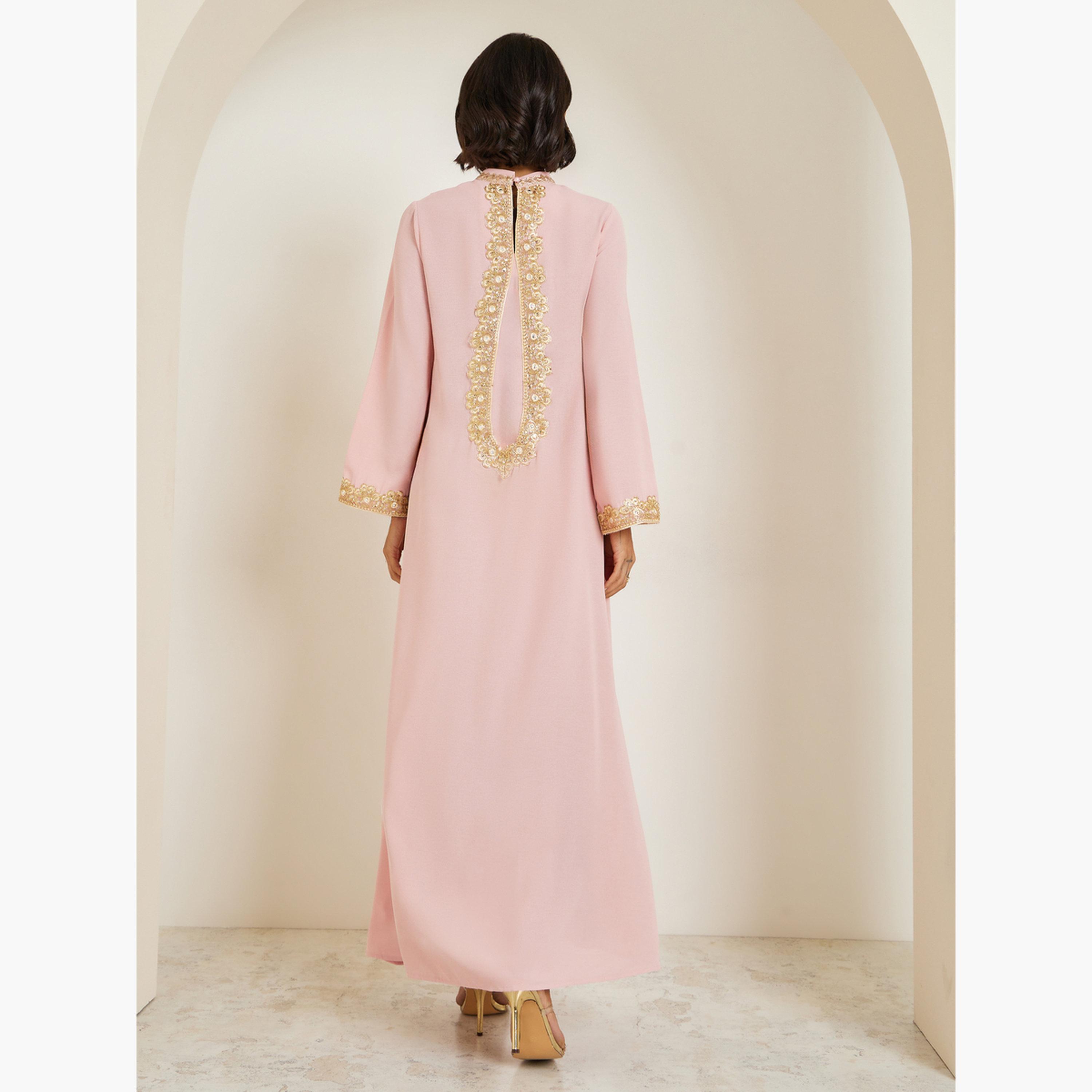 Styli Women Lace Trim Flared Sleeve Jalabiya-women-arabicclothing-jalabiyas-image-5