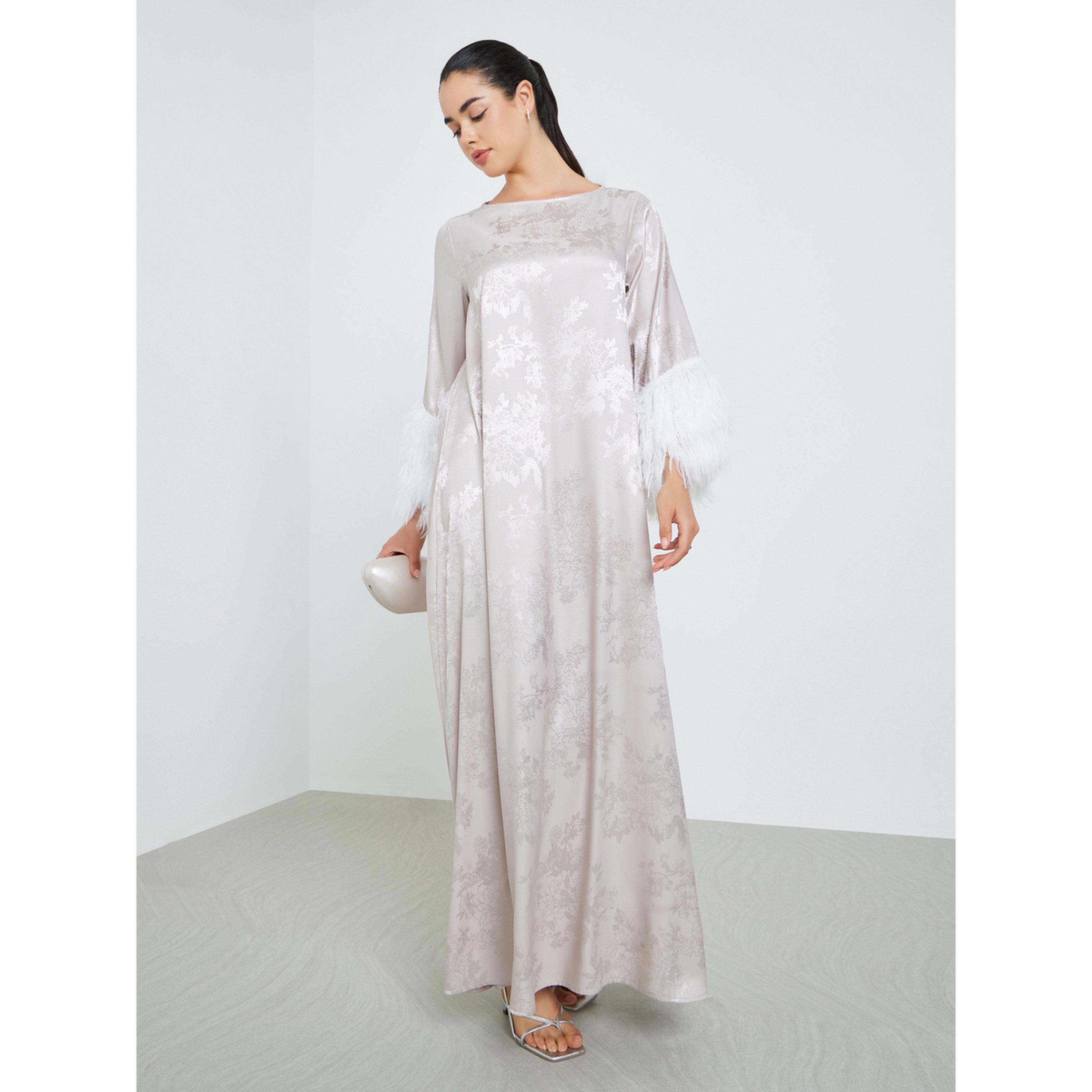 Styli Women Jacquard Jalabiya with Faux Feather Trim-women-arabicclothing-jalabiyas-image-1