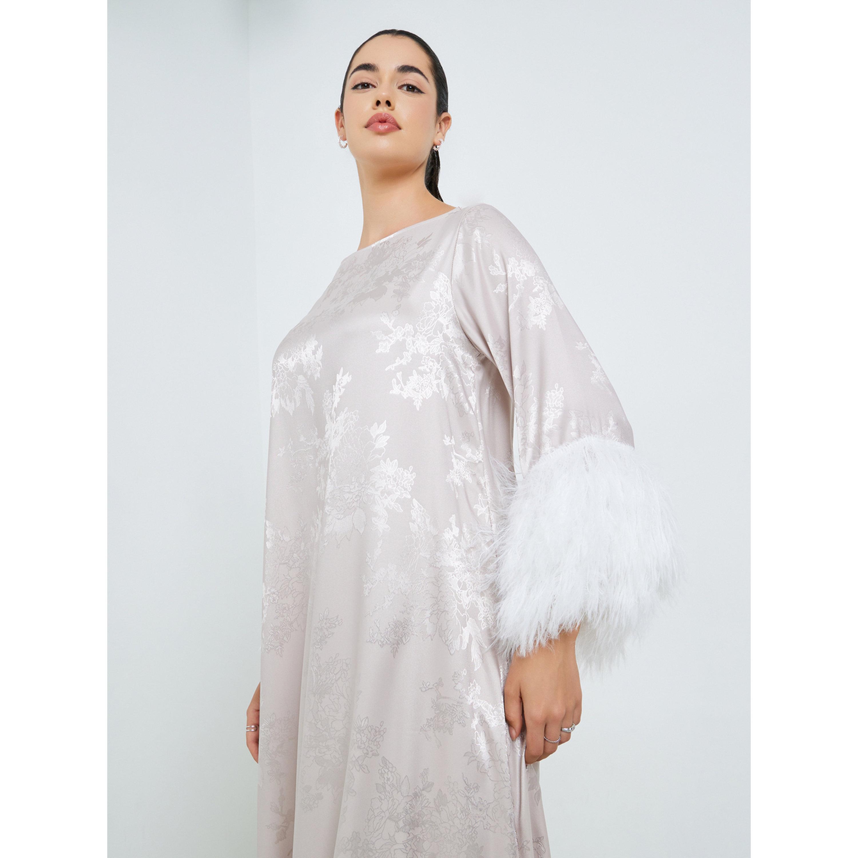 Styli Women Jacquard Jalabiya with Faux Feather Trim-women-arabicclothing-jalabiyas-image-2