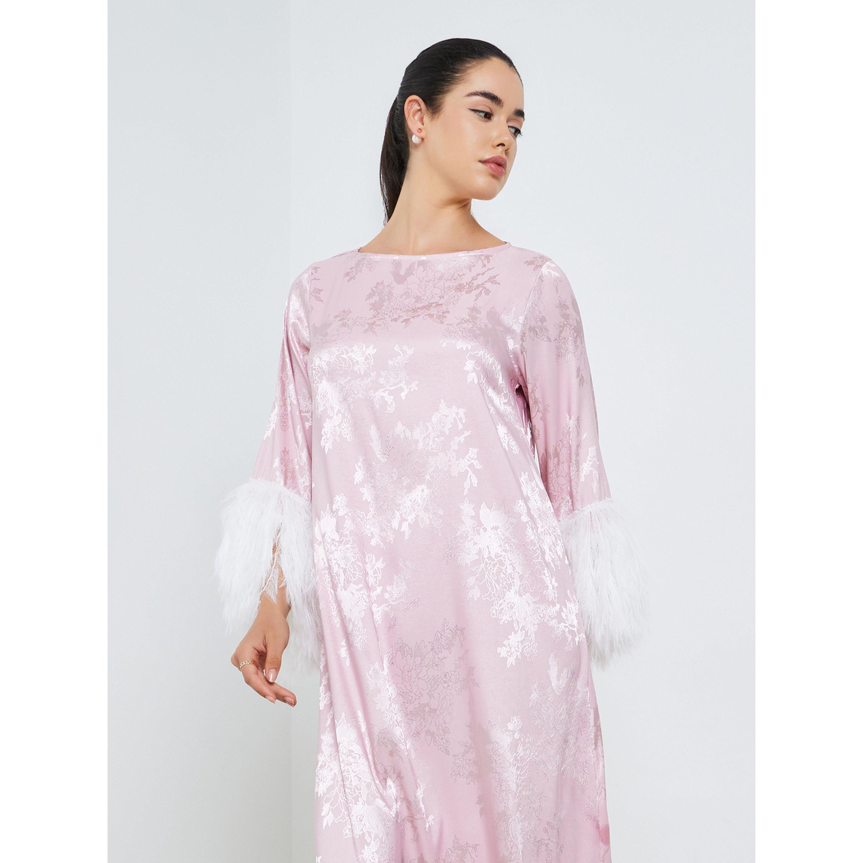 Styli Women Jacquard Jalabiya with Faux Feather Trim-women-arabicclothing-jalabiyas-image-2