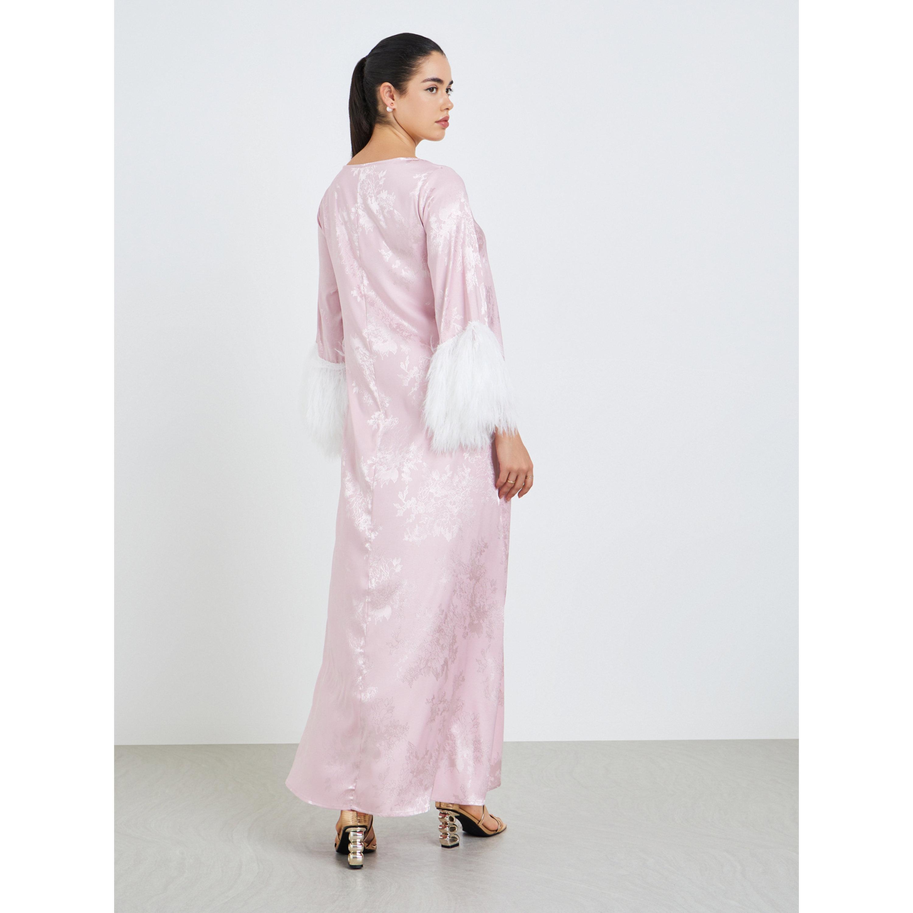 Styli Women Jacquard Jalabiya with Faux Feather Trim-women-arabicclothing-jalabiyas-image-5