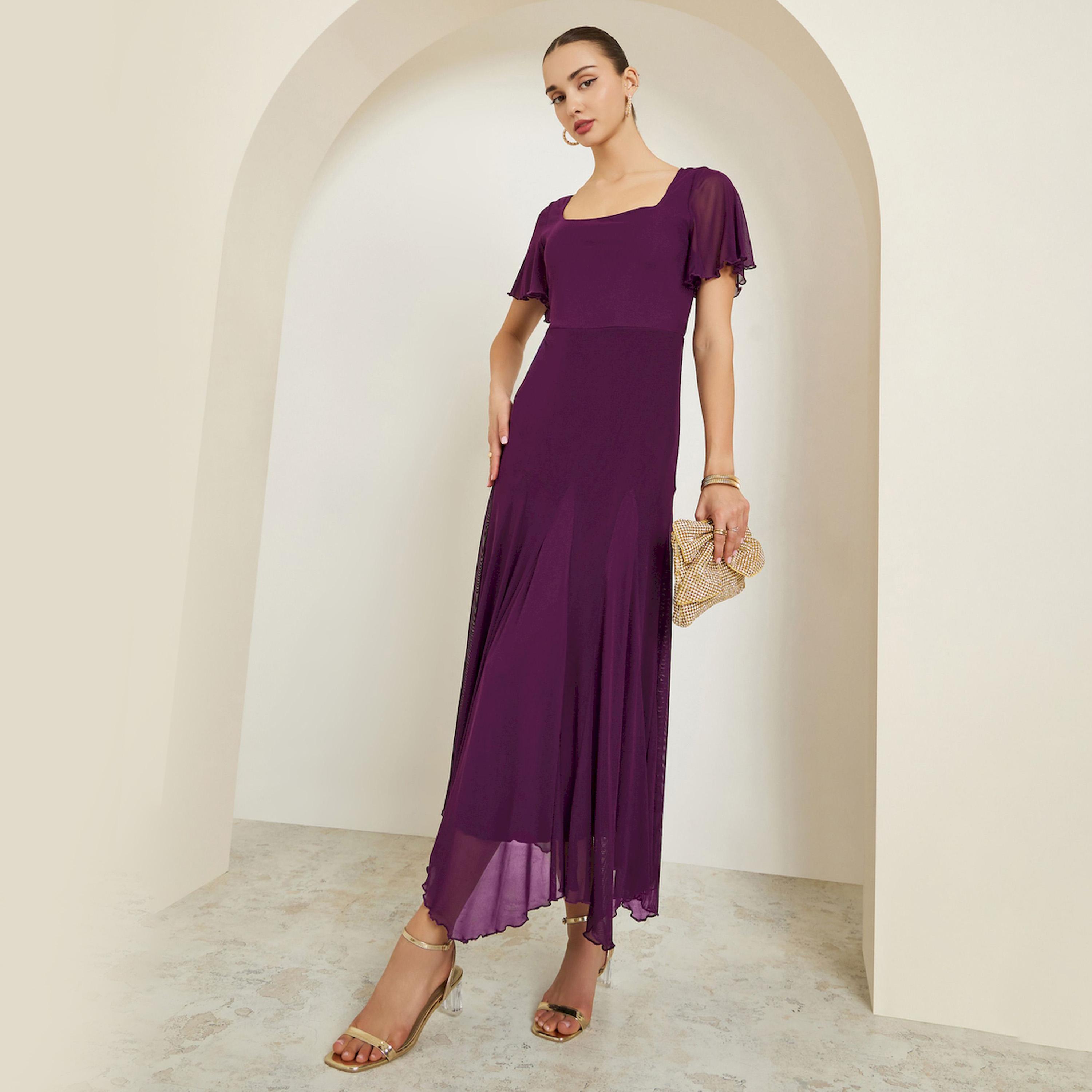 فستان طويل بحافة واسعة وياقة مربعة-women-clothing-dresses-image-1
