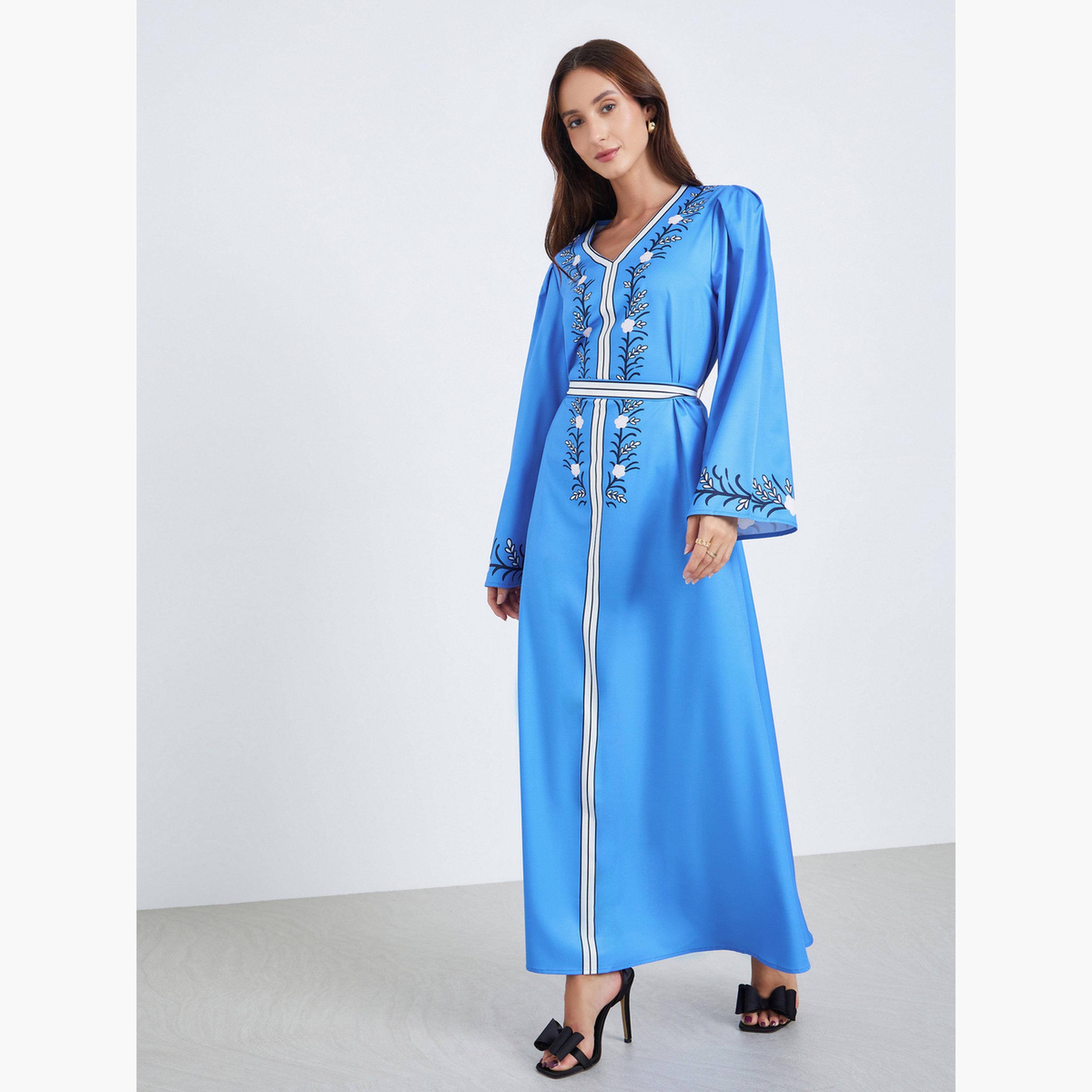 فستان طويل بحزام وطبعة زهور-women-clothing-dresses-image-3