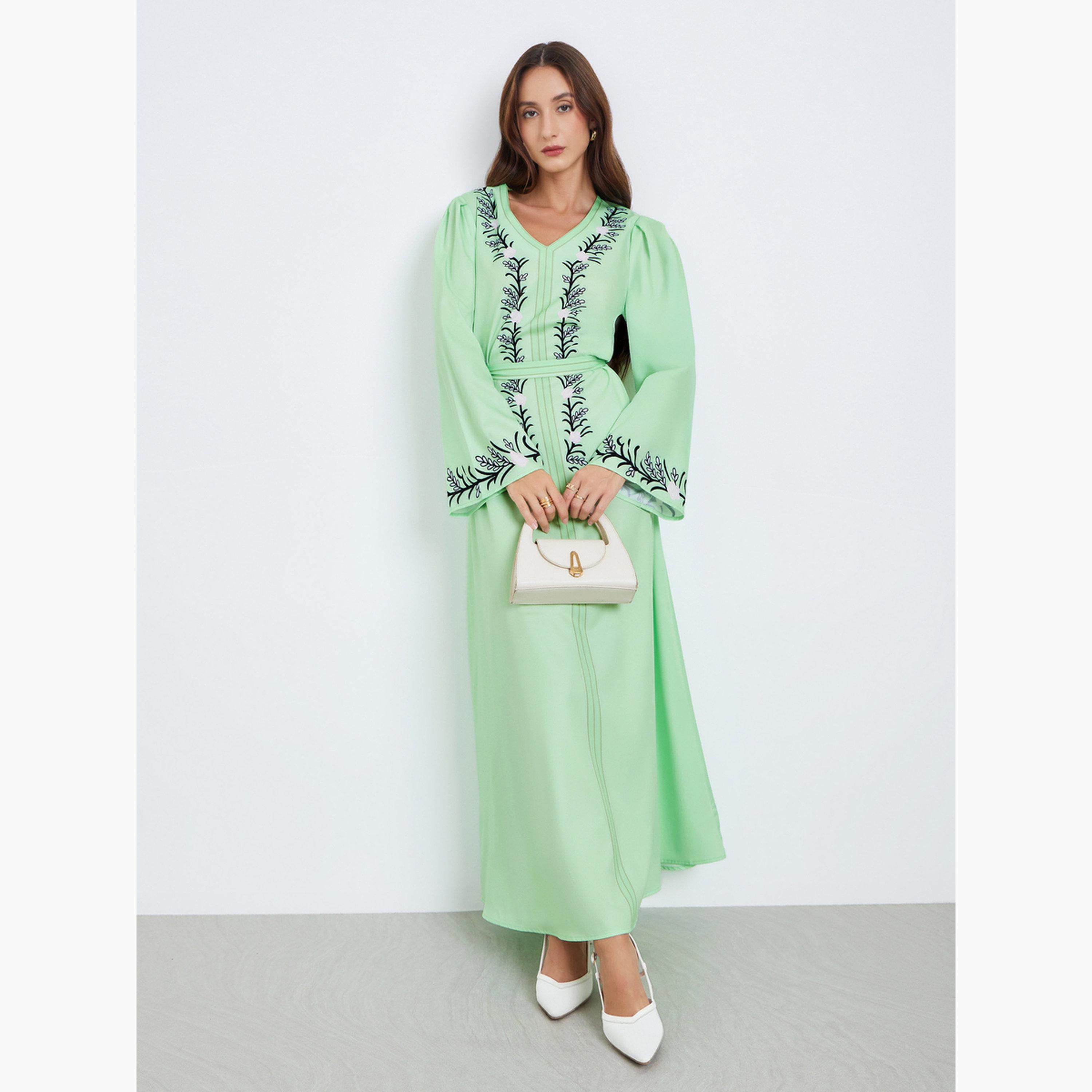 Take Two Woman Green Floral Print Belted Maxi Dress-women-clothing-dresses-image-1