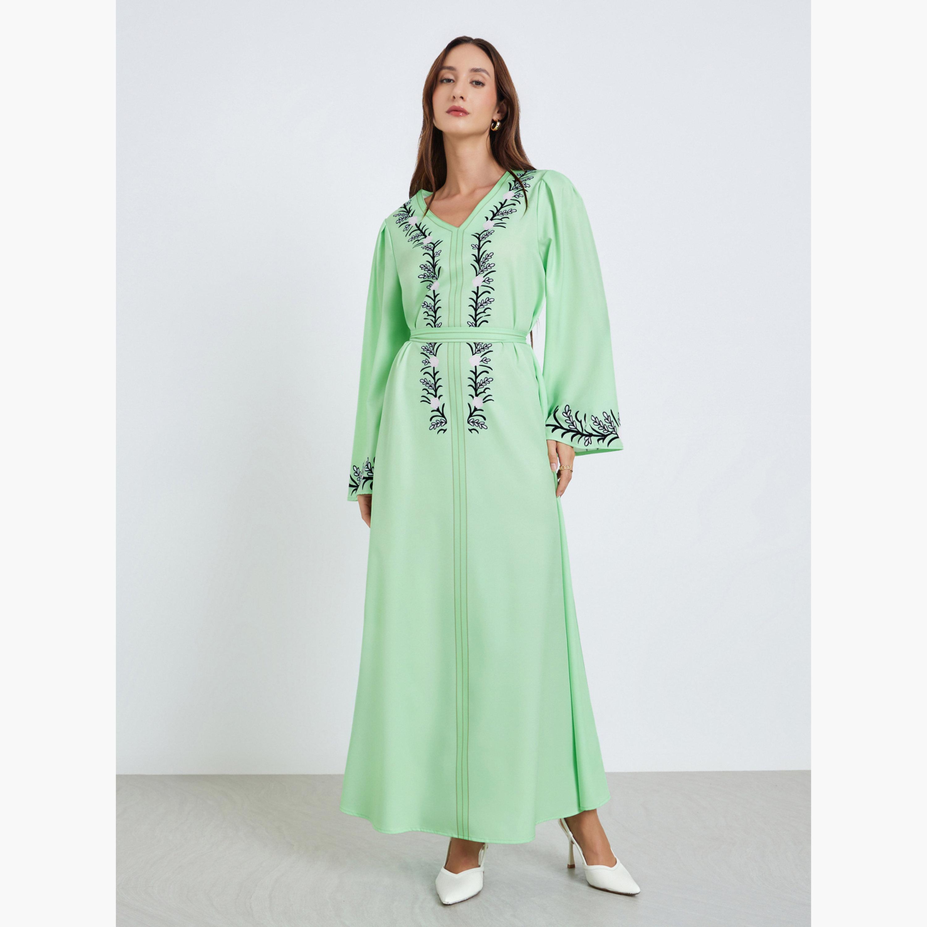 فستان طويل أخضر بحزام وطبعة زهور-women-clothing-dresses-image-3