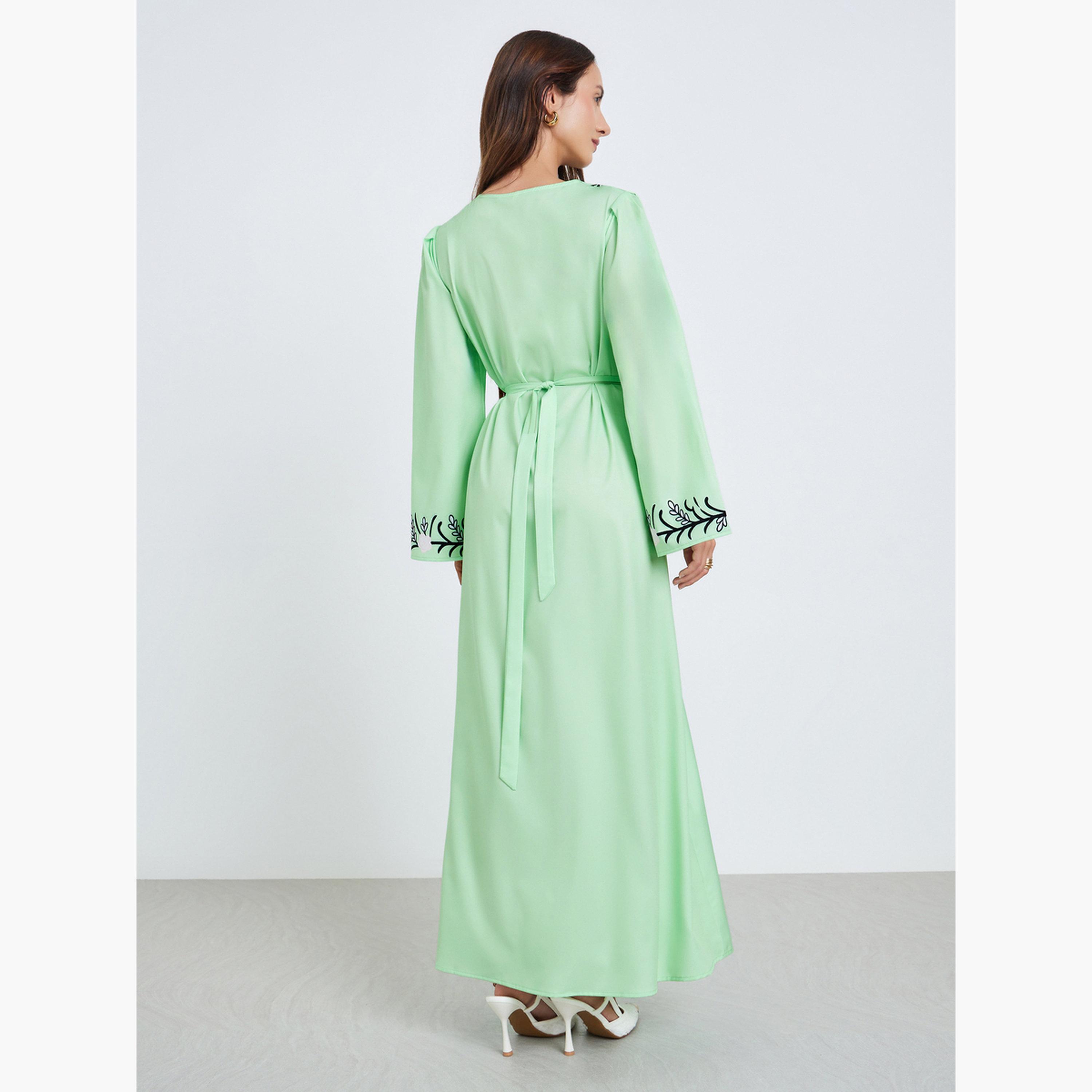 فستان طويل أخضر بحزام وطبعة زهور-women-clothing-dresses-image-4