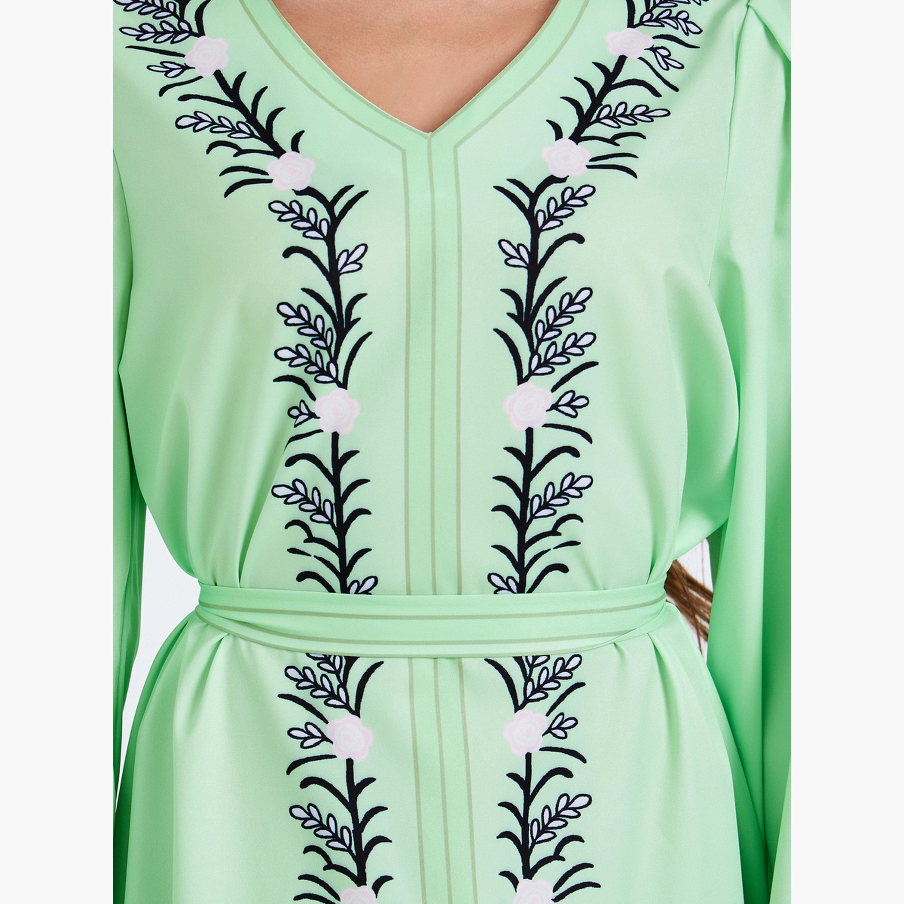 فستان طويل أخضر بحزام وطبعة زهور-women-clothing-dresses-image-5
