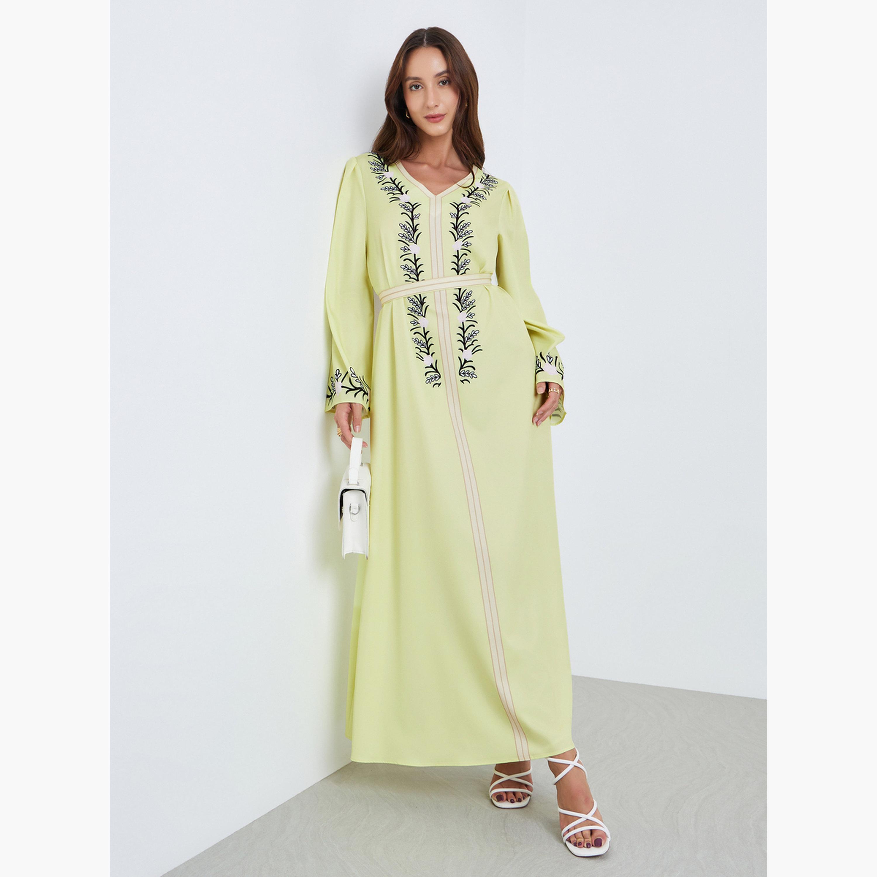 فستان طويل بحزام وطبعة زهور-women-clothing-dresses-image-1