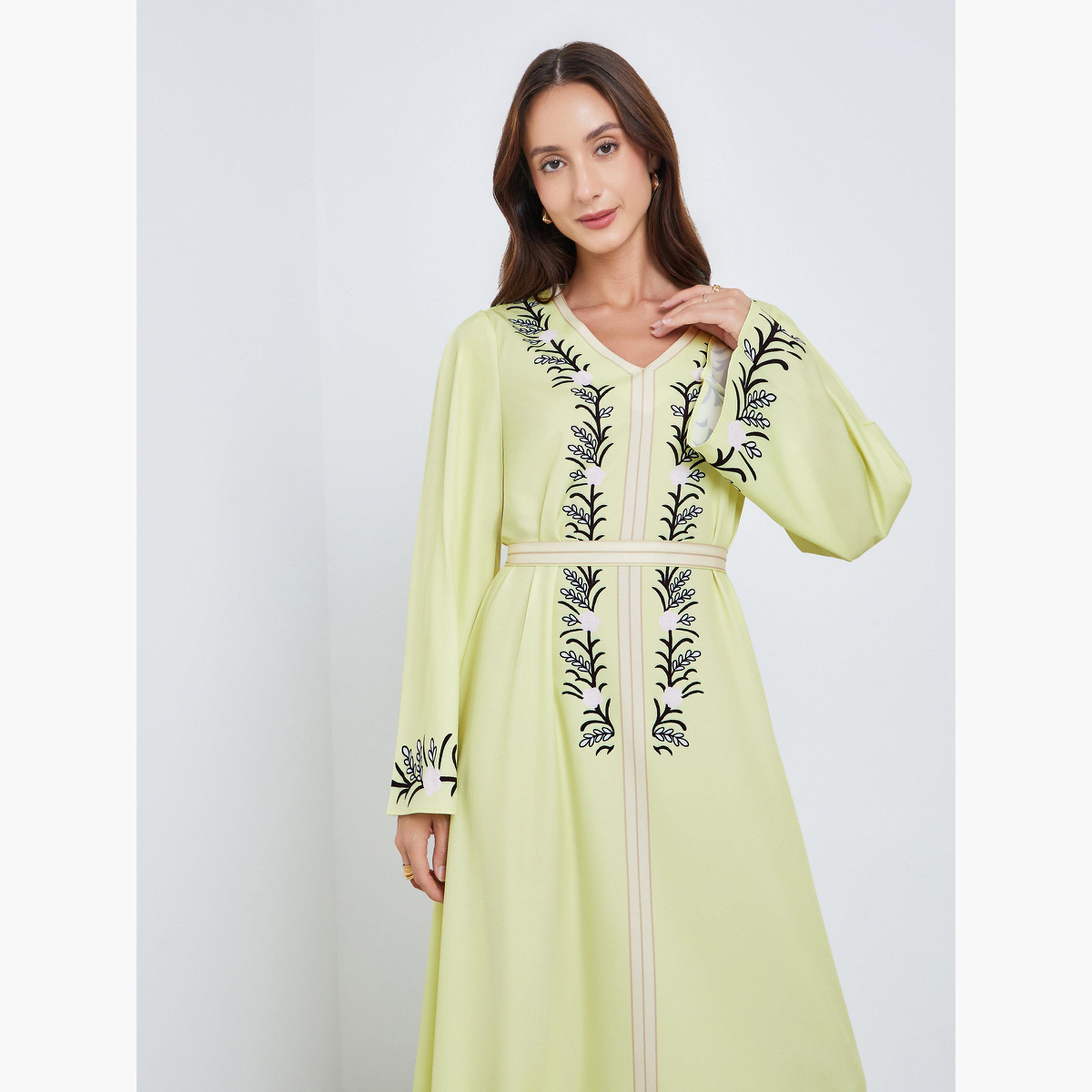 فستان طويل بحزام وطبعة زهور-women-clothing-dresses-image-2