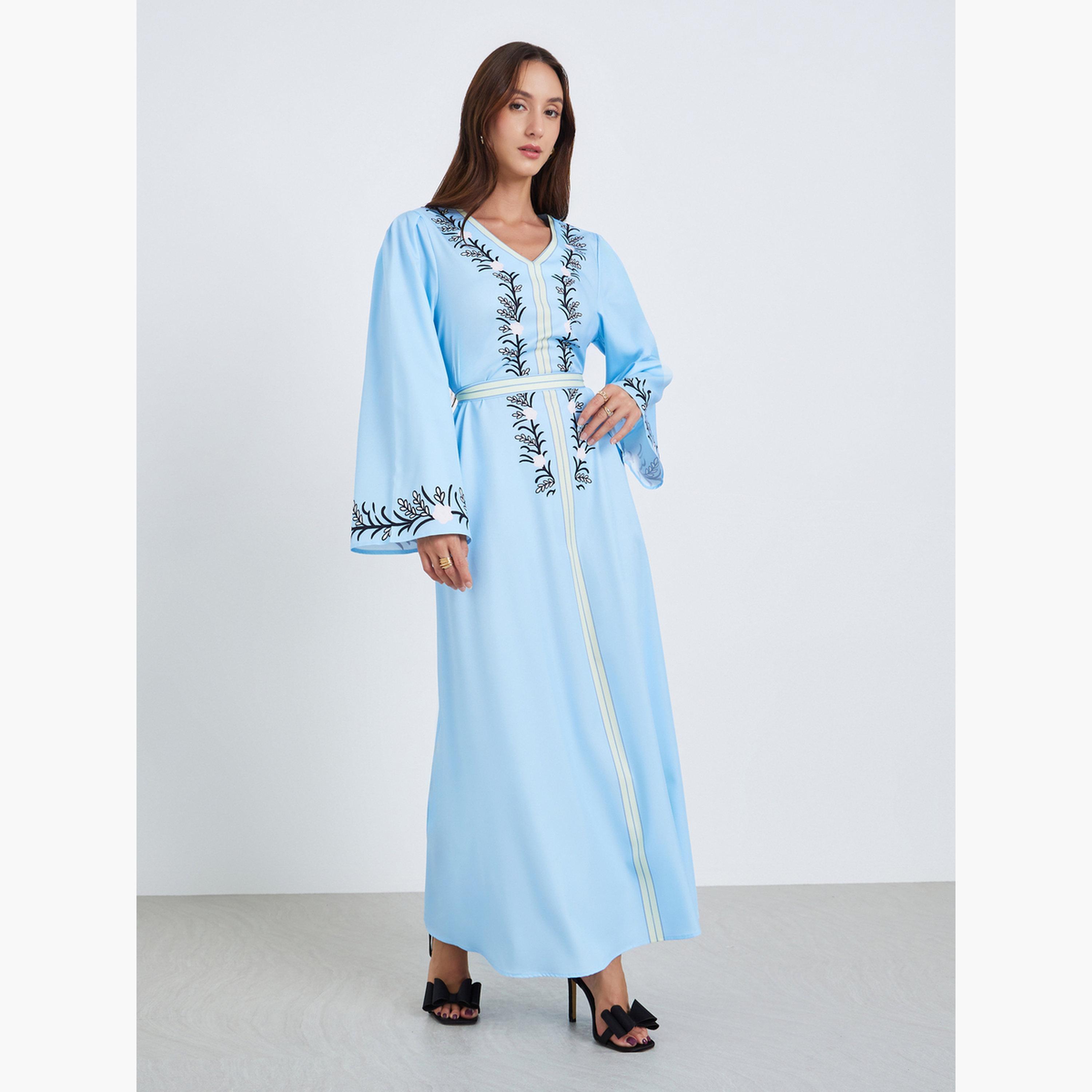 فستان طويل بحزام وطبعة زهور-women-clothing-dresses-image-1