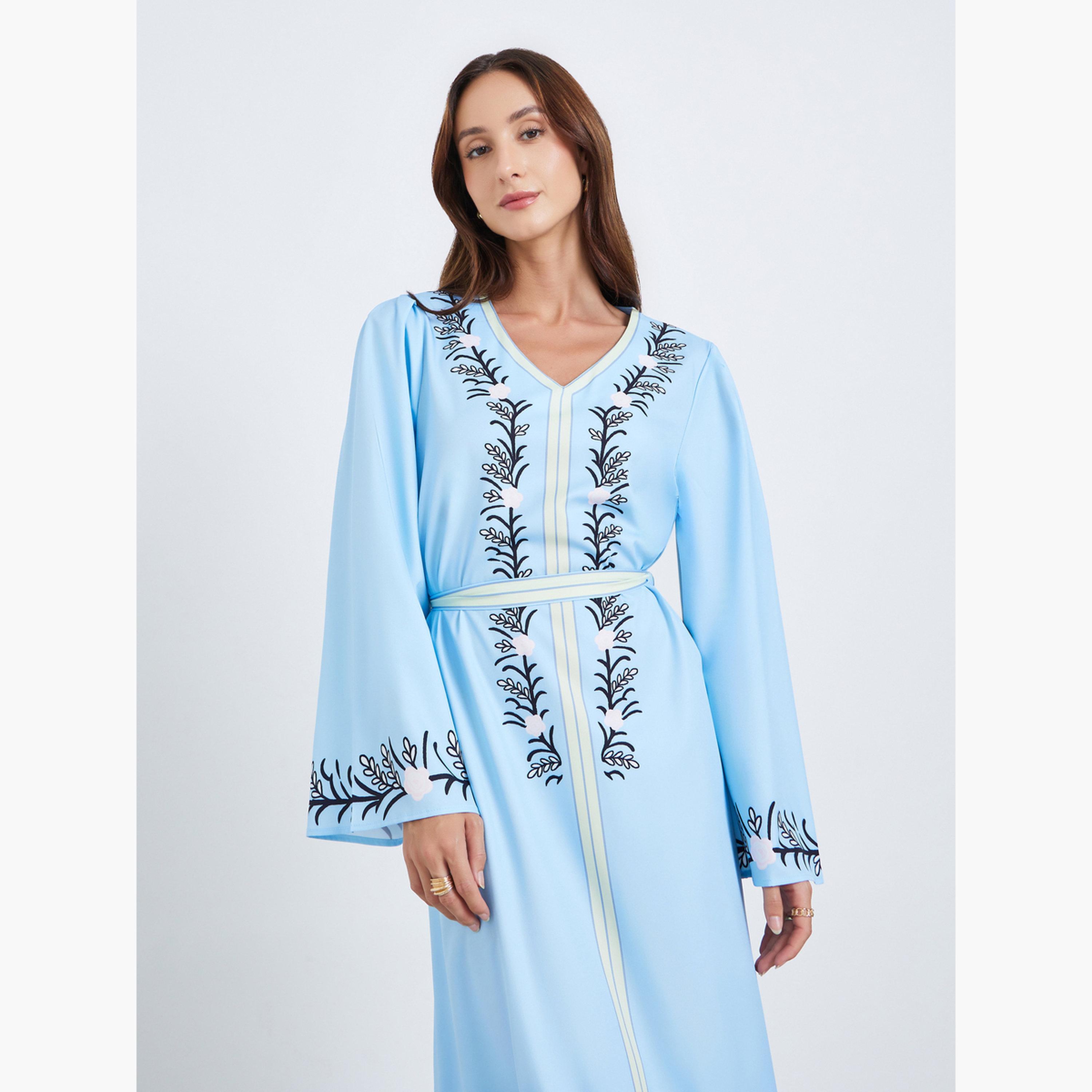فستان طويل بحزام وطبعة زهور-women-clothing-dresses-image-2