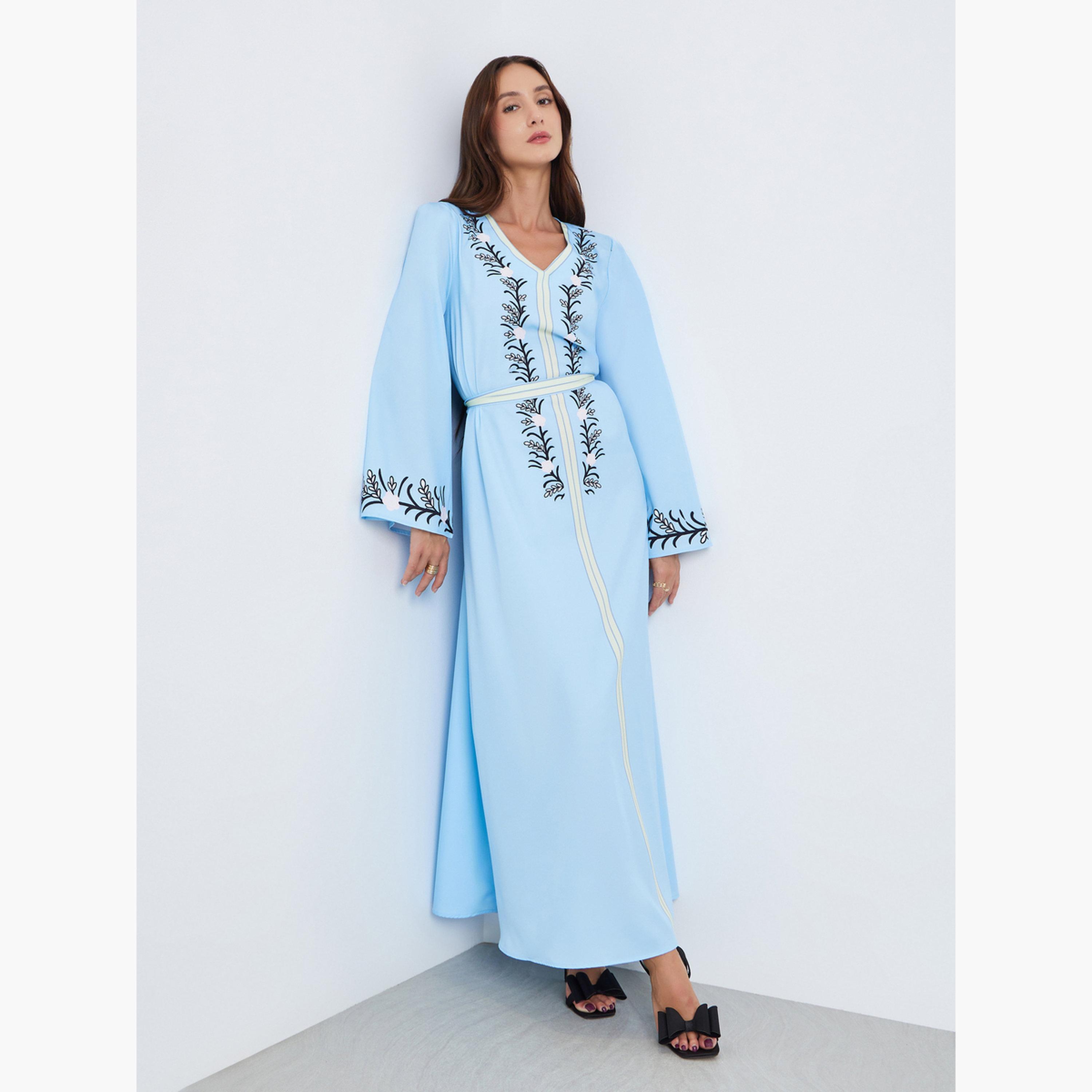 فستان طويل بحزام وطبعة زهور-women-clothing-dresses-image-3