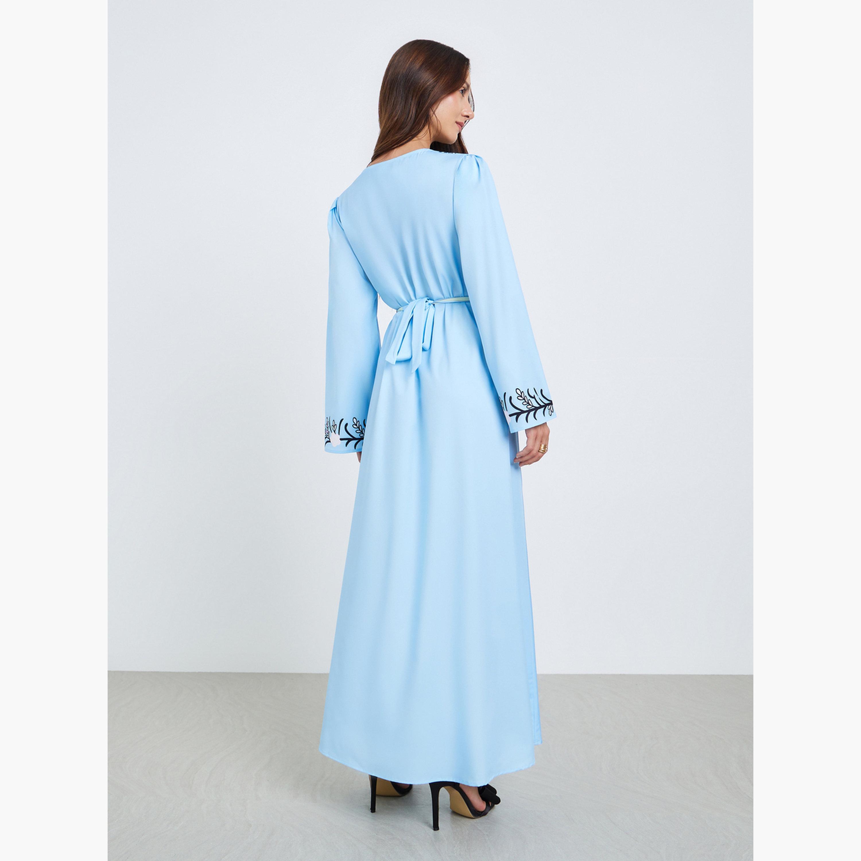 فستان طويل بحزام وطبعة زهور-women-clothing-dresses-image-4