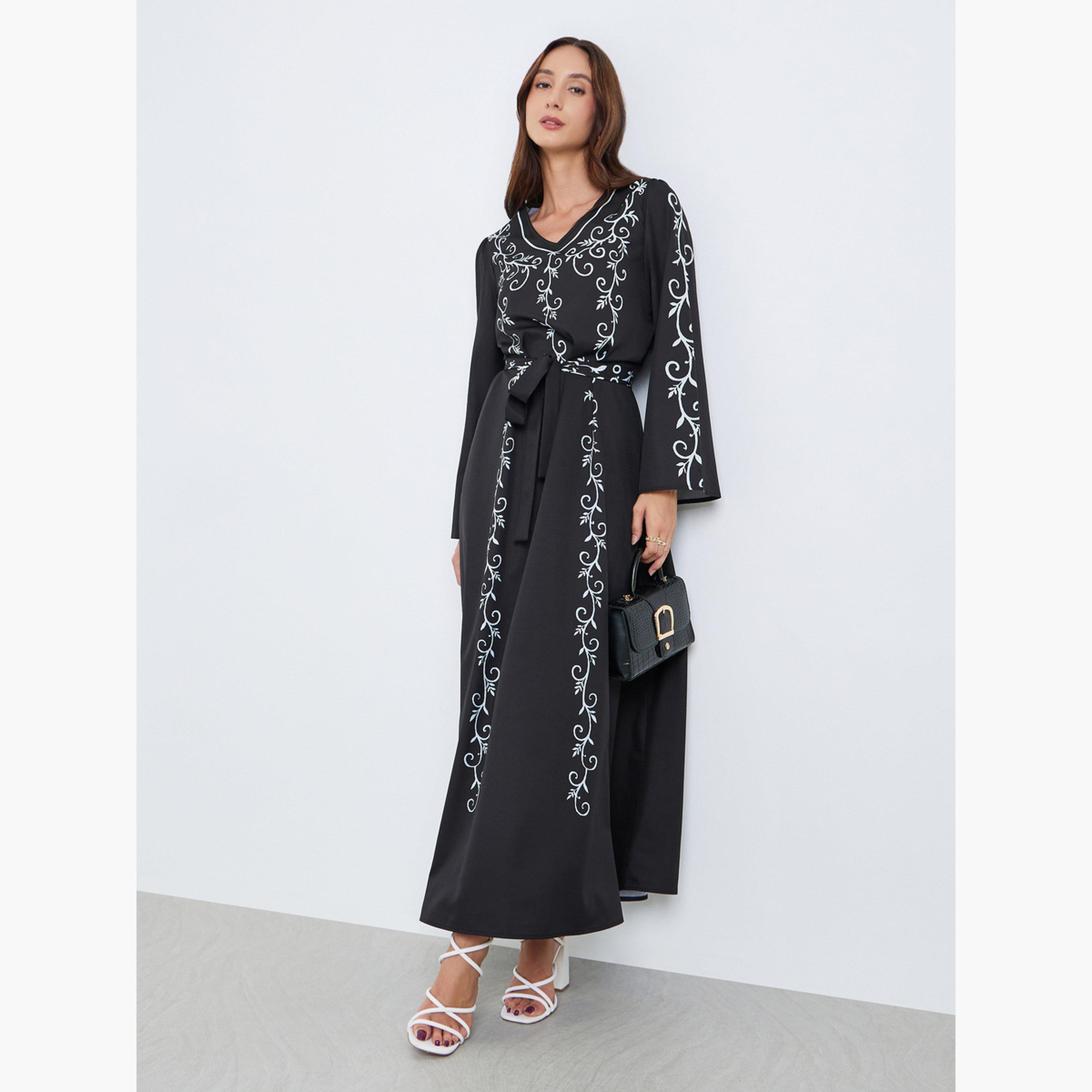 فستان طويل بحزام وطبعة زهور-women-clothing-dresses-image-1