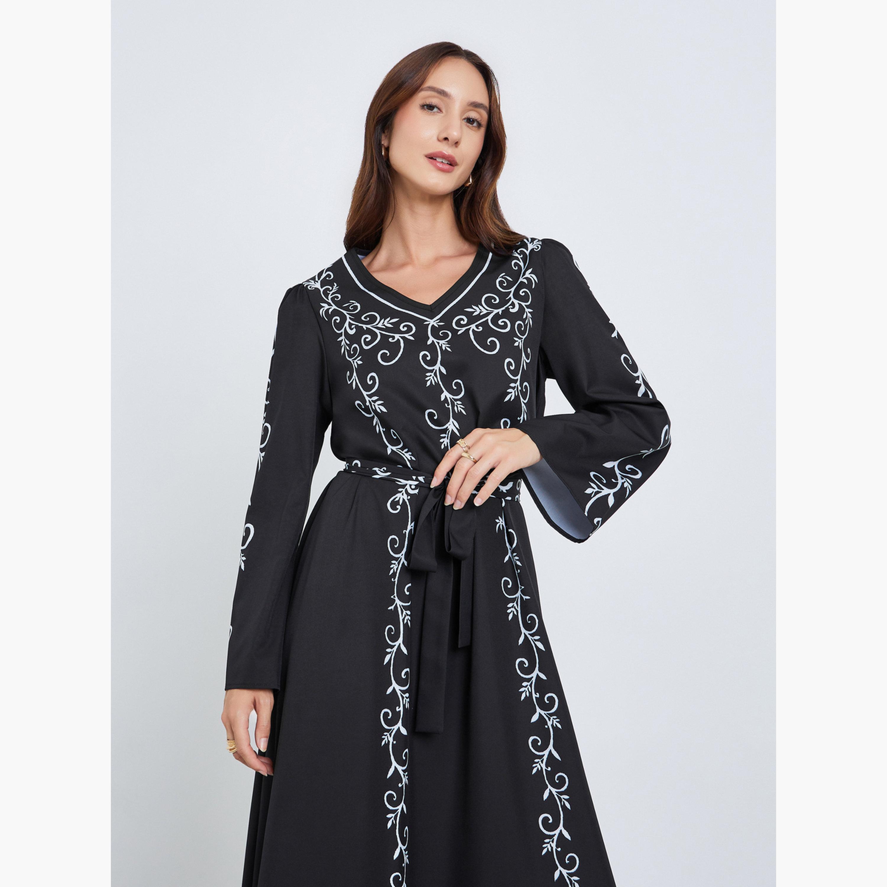 فستان طويل بحزام وطبعة زهور-women-clothing-dresses-image-2