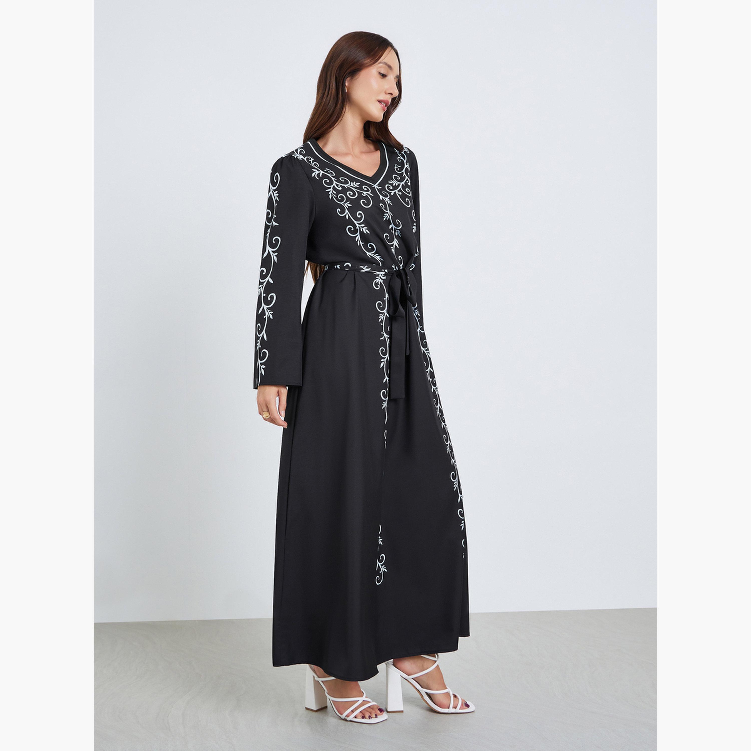 فستان طويل بحزام وطبعة زهور-women-clothing-dresses-image-3