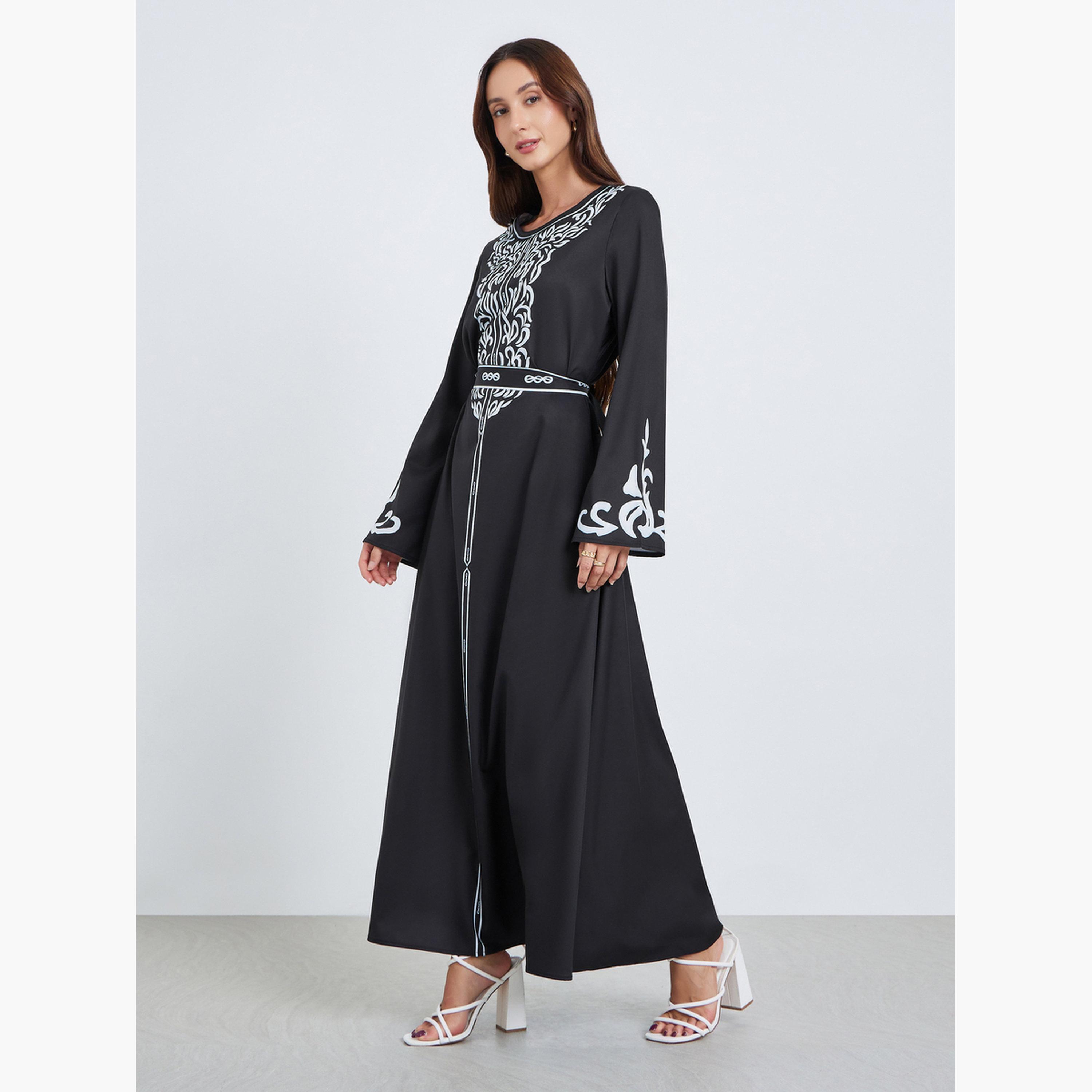 فستان طويل بحزام وطبعة زهور-women-clothing-dresses-image-1