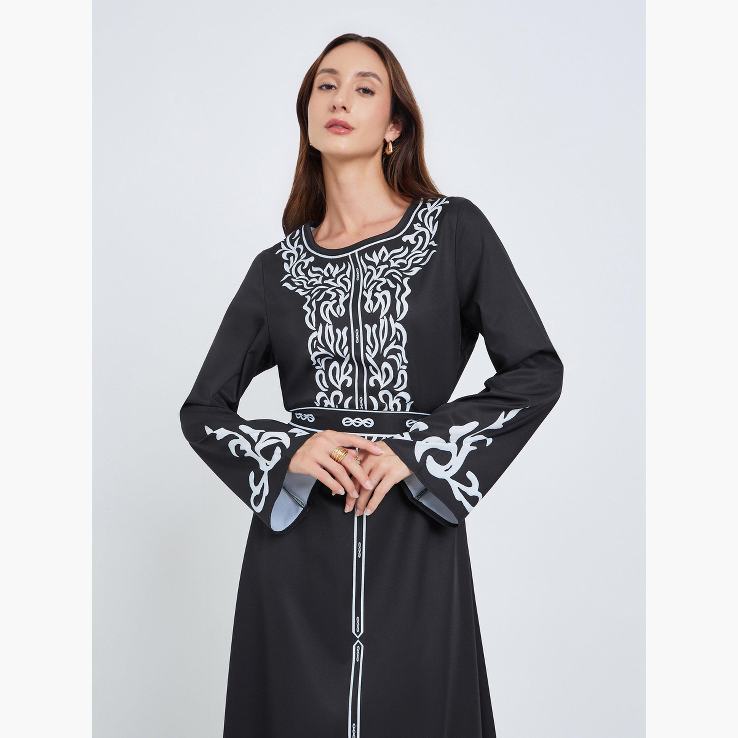 فستان طويل بحزام وطبعة زهور-women-clothing-dresses-image-2