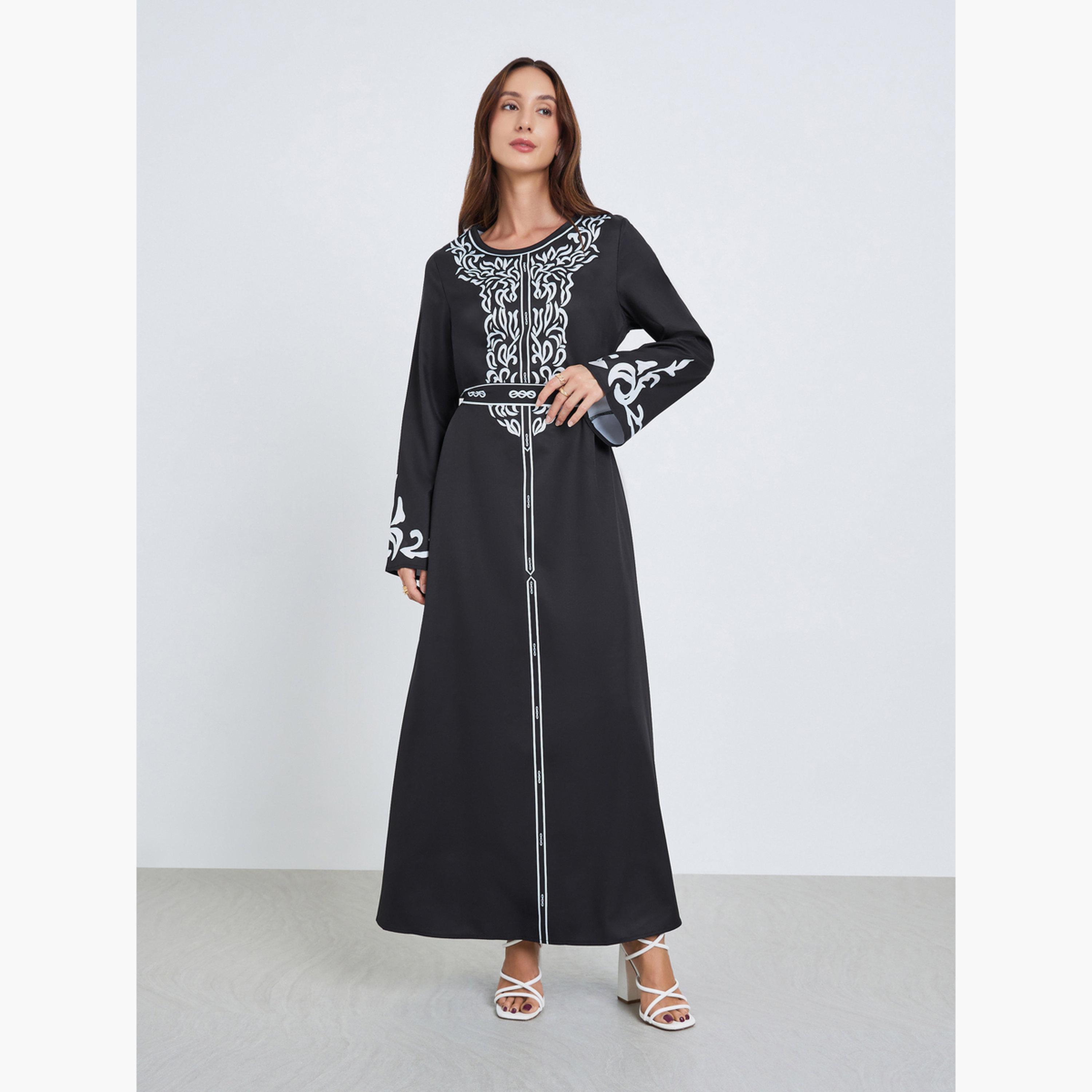 فستان طويل بحزام وطبعة زهور-women-clothing-dresses-image-3