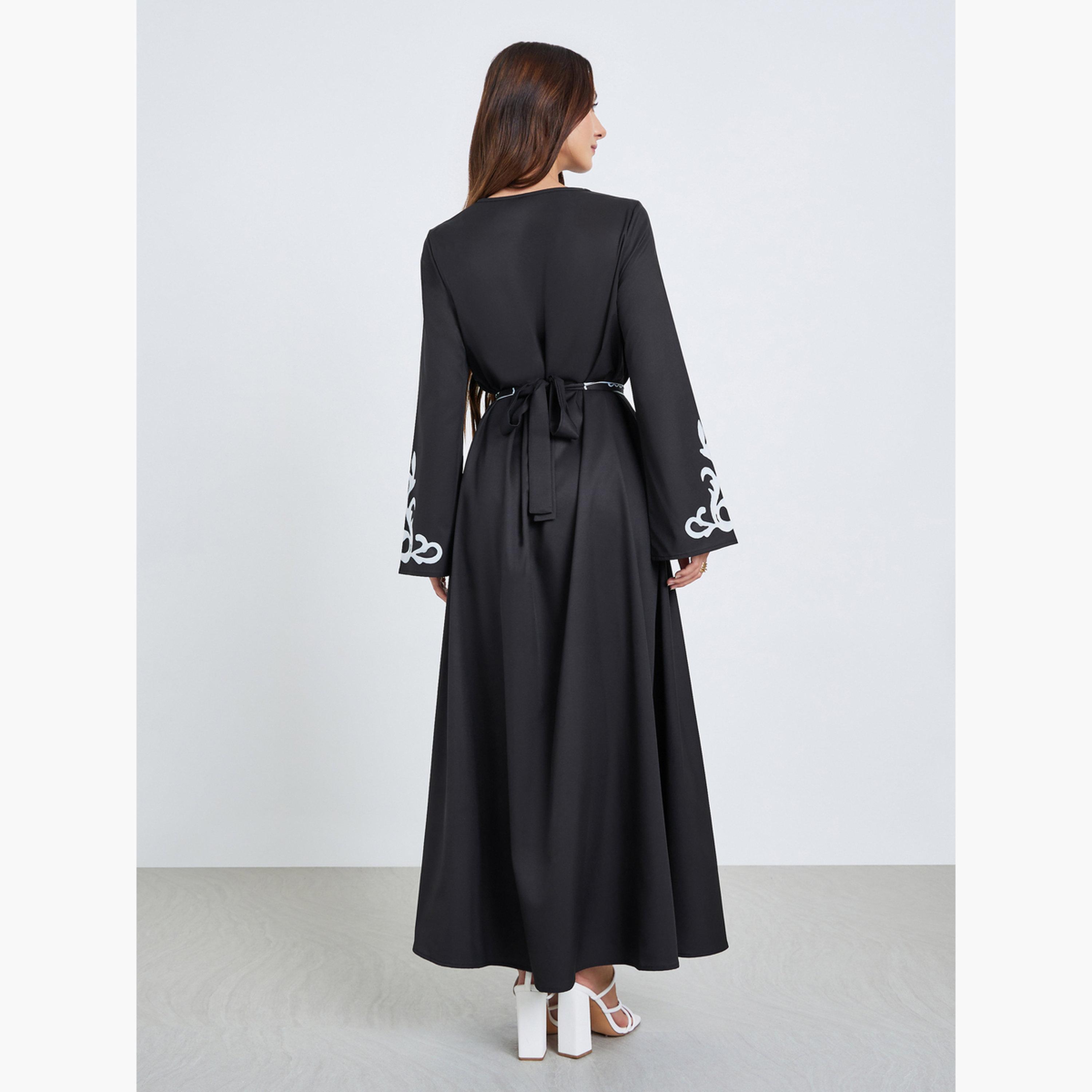 فستان طويل بحزام وطبعة زهور-women-clothing-dresses-image-4